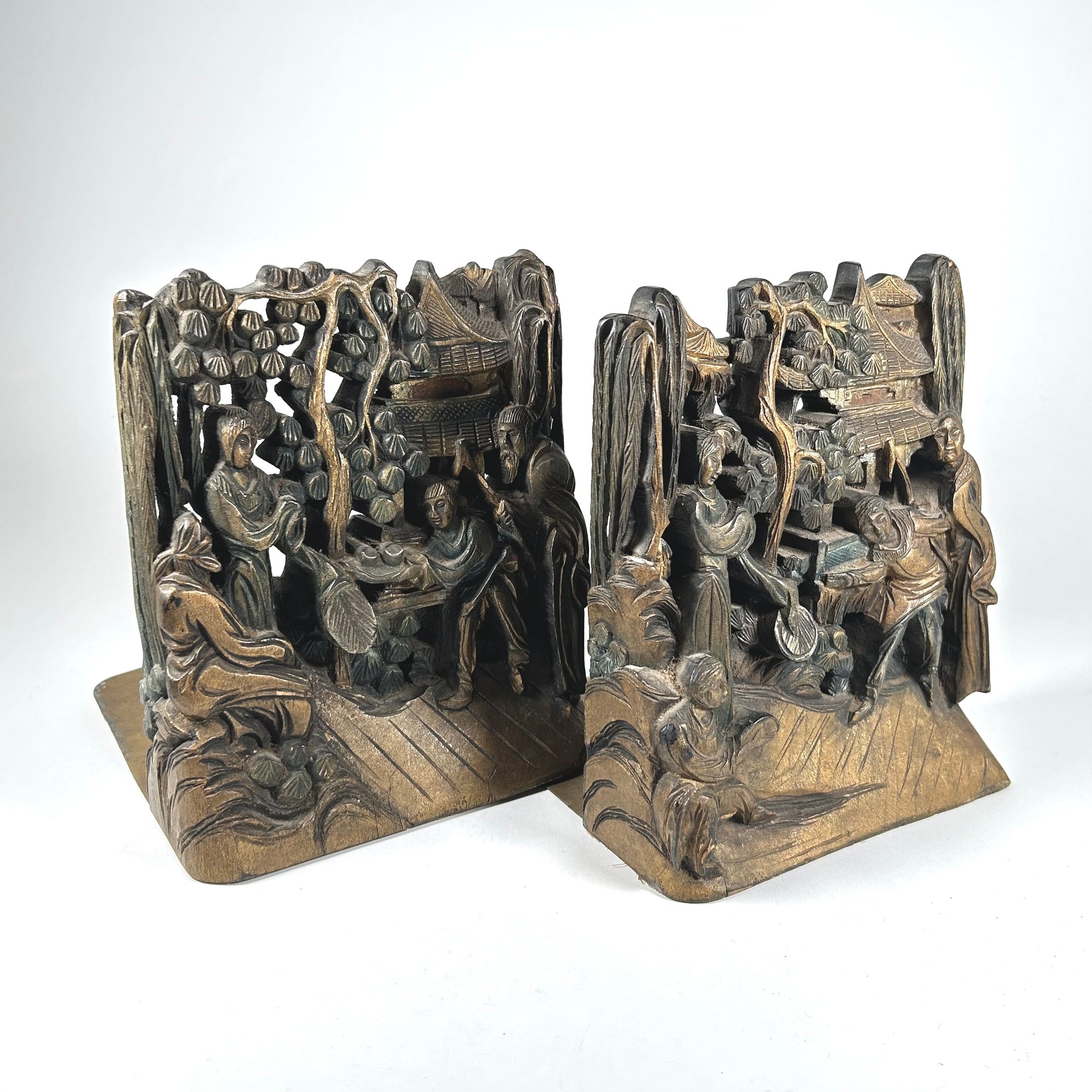 Vintage Chinese Bookends Carved Wood with Gold Wash