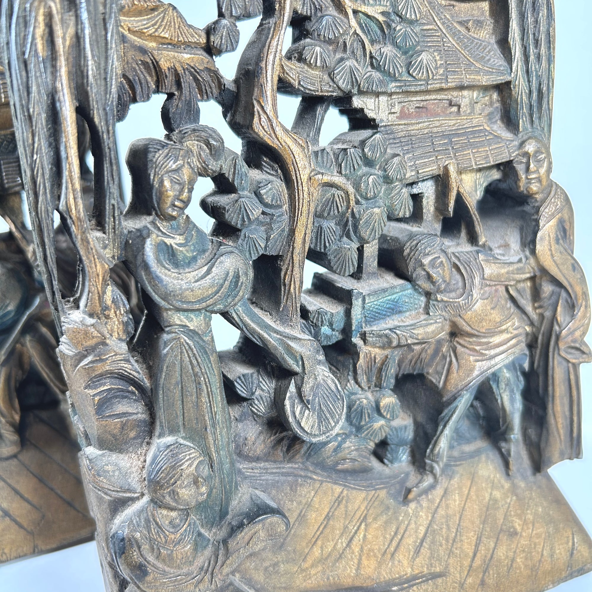 Vintage Chinese Bookends Carved Wood with Gold Wash