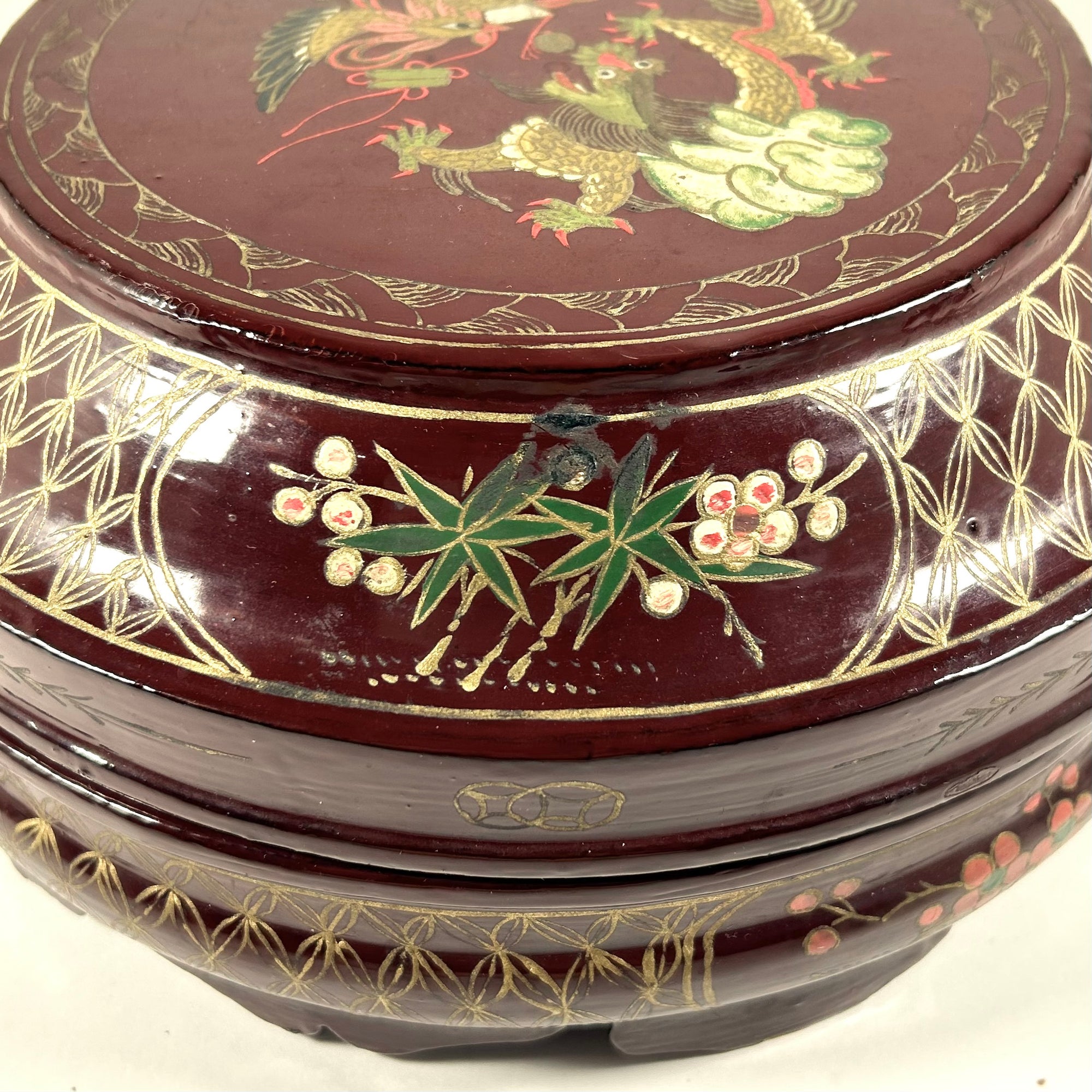 Vintage Chinese Lacquer Round Footed Sweetmeat Wedding Box