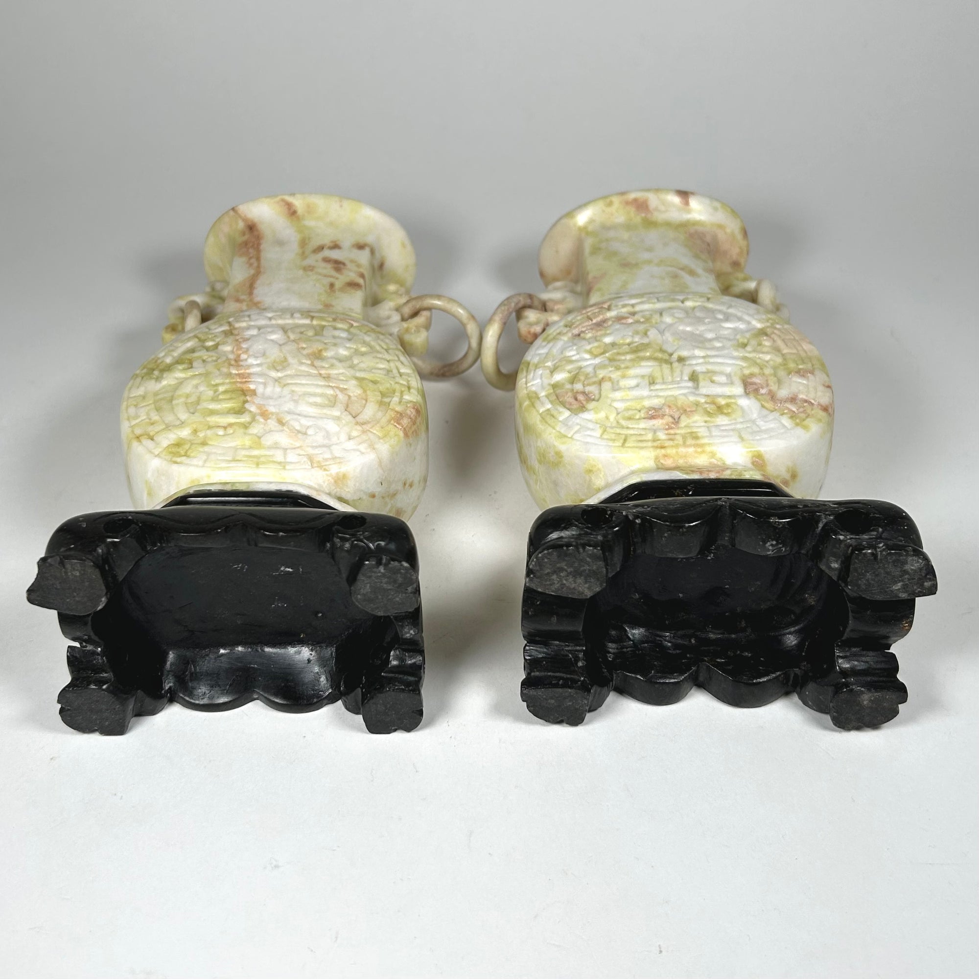 Carved Chinese Moon Vase Pair in Cream Mottled Soap Stone