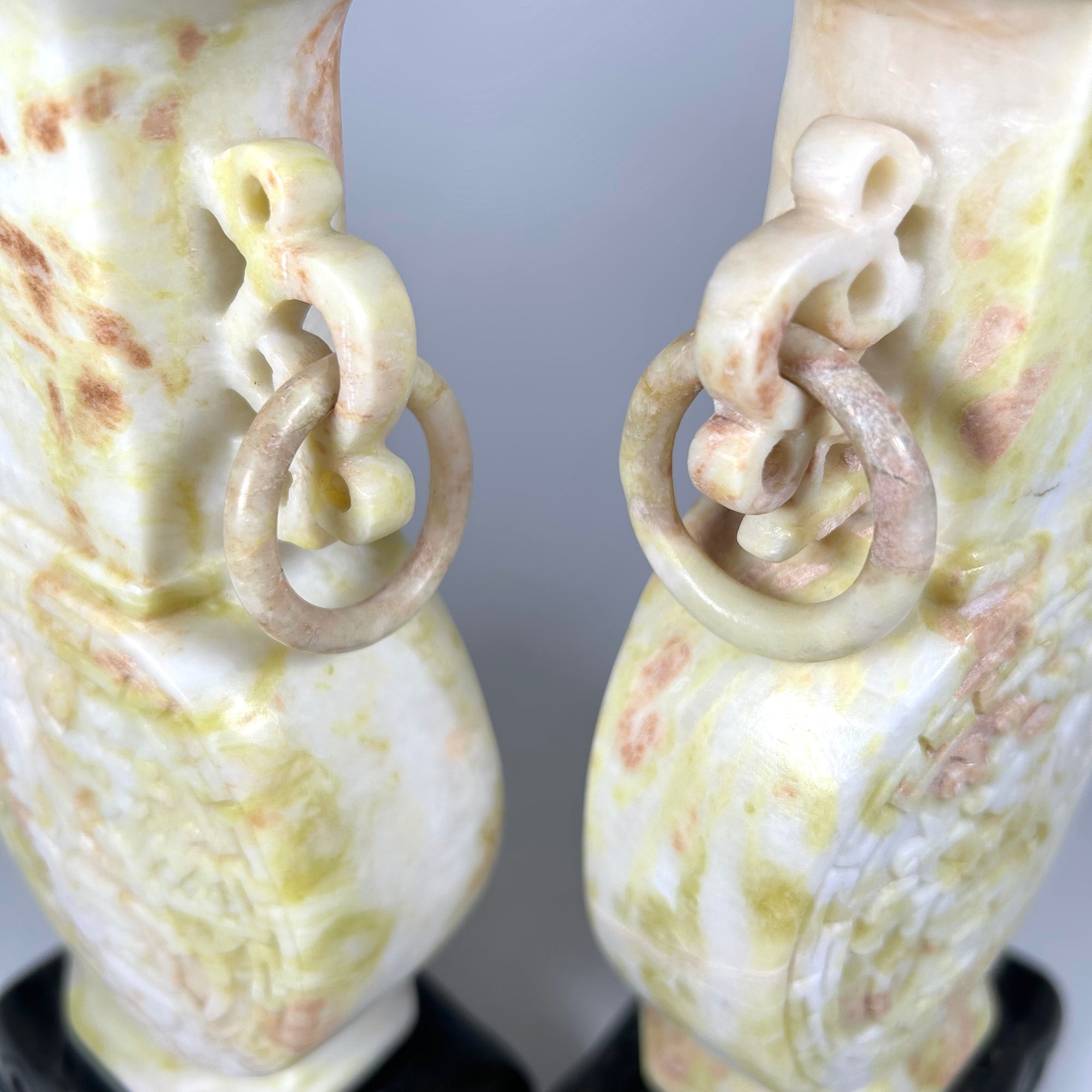 Carved Chinese Moon Vase Pair in Cream Mottled Soap Stone
