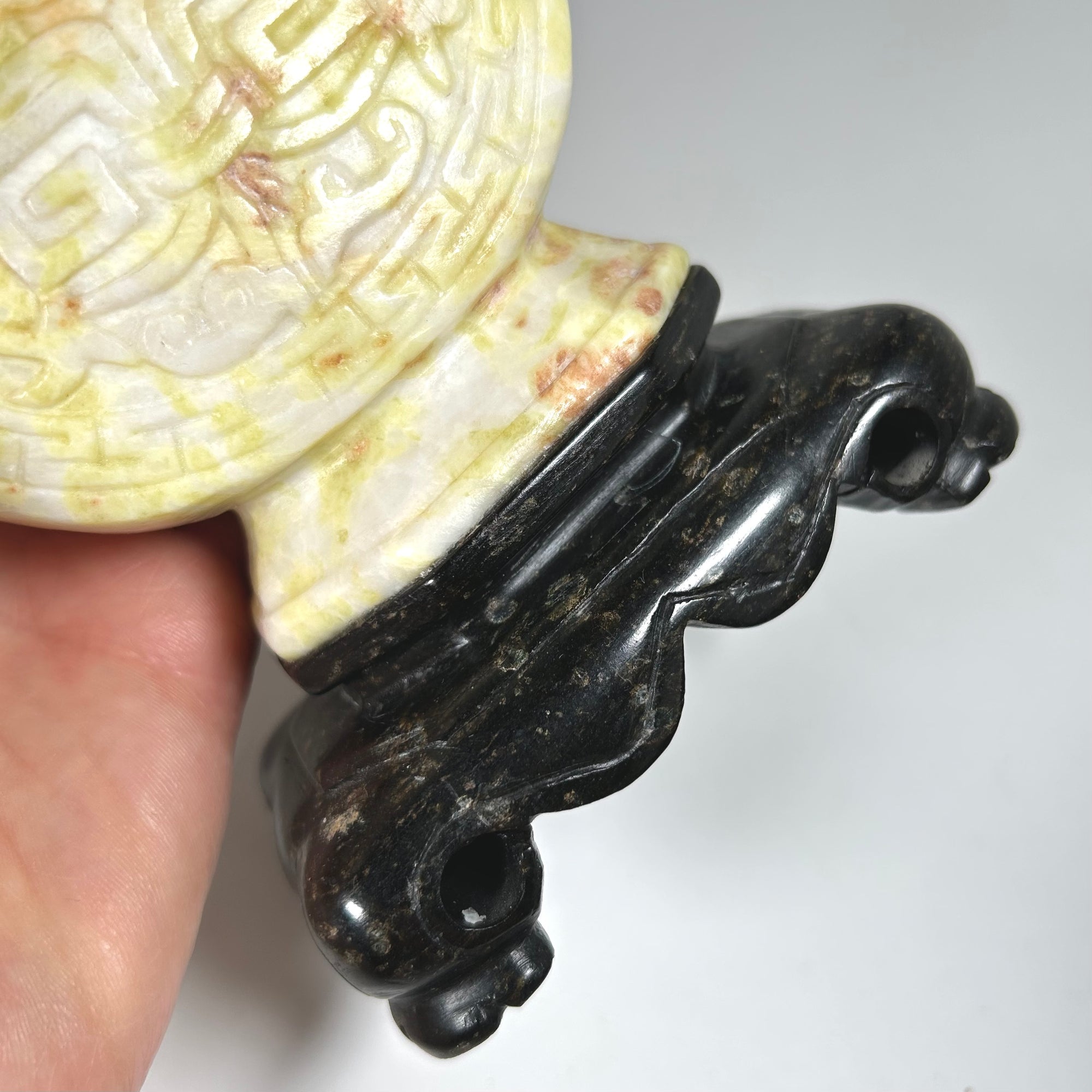 Carved Chinese Moon Vase Pair in Cream Mottled Soap Stone