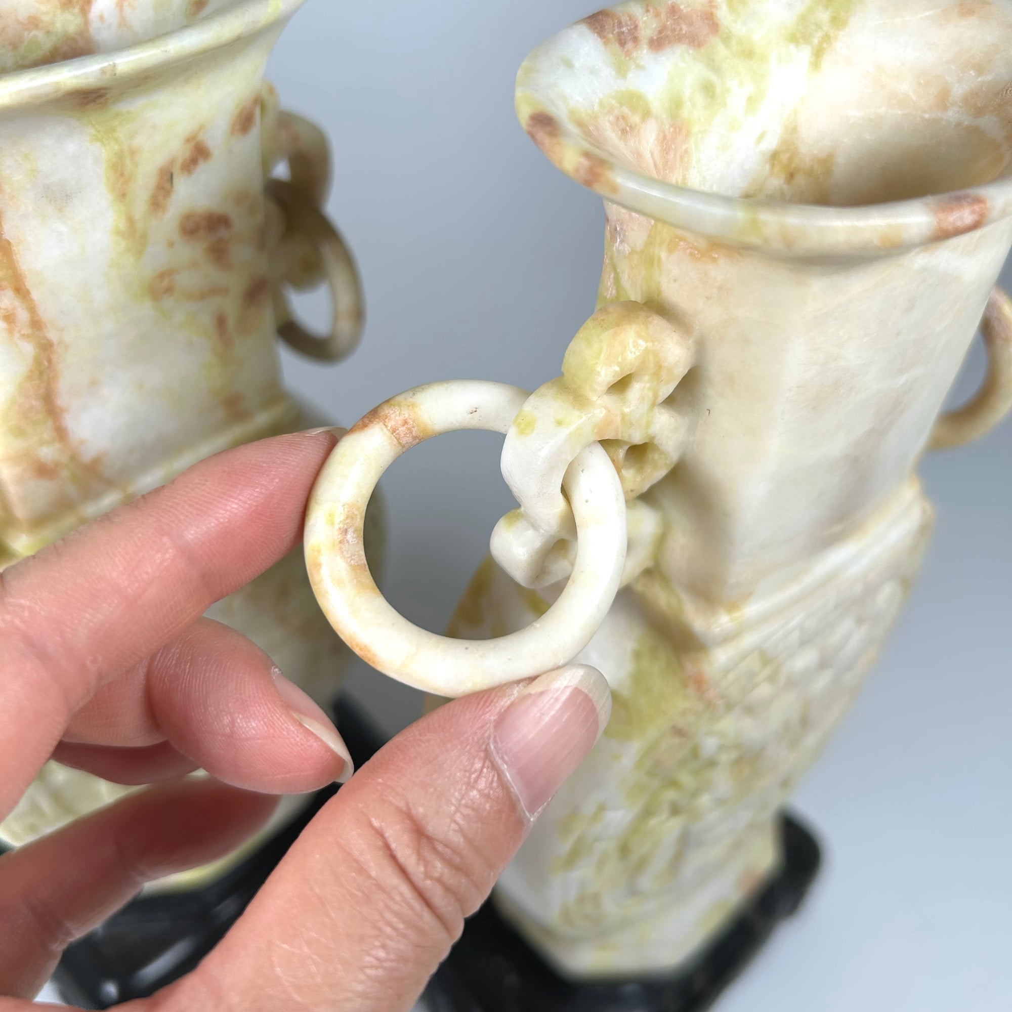 Carved Chinese Moon Vase Pair in Cream Mottled Soap Stone