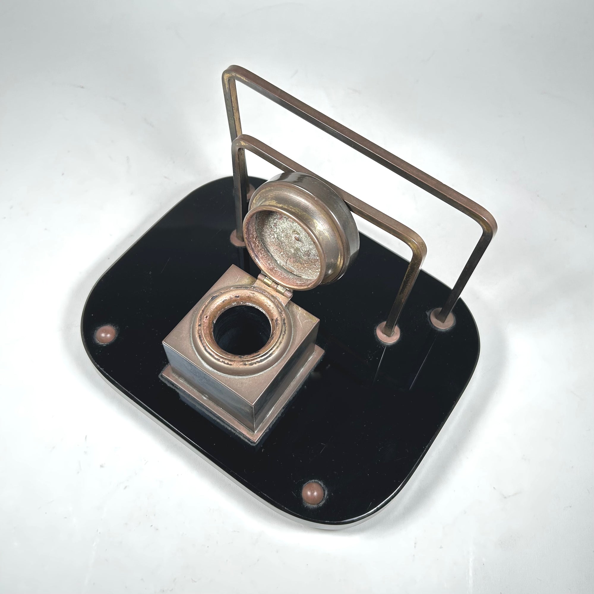 French Art Deco Inkwell and Letter Sorter — Black Glass and Brass