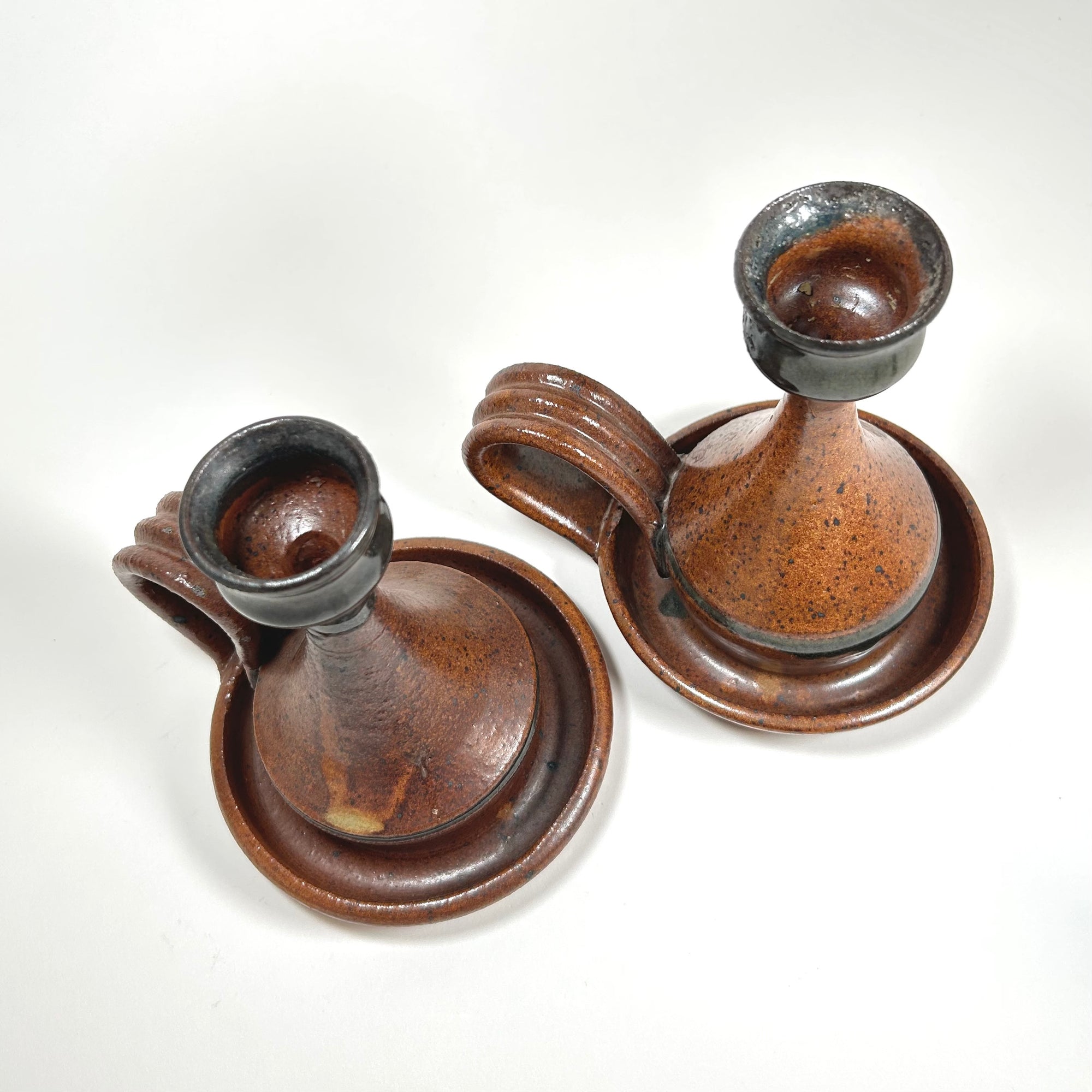Haynes Hippie Bohemian Pottery Candlestick Pair - Brown / Black Glaze