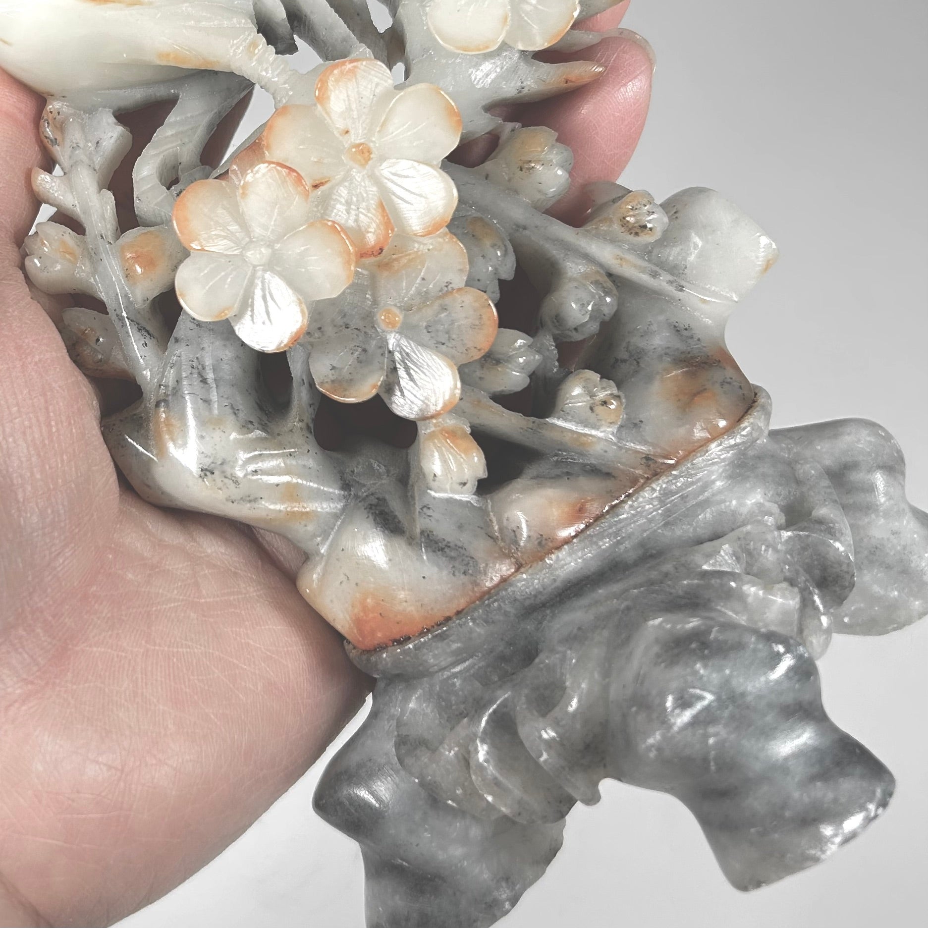 Chinese Carved Hardstone Rooster and Flowers in White and Gray