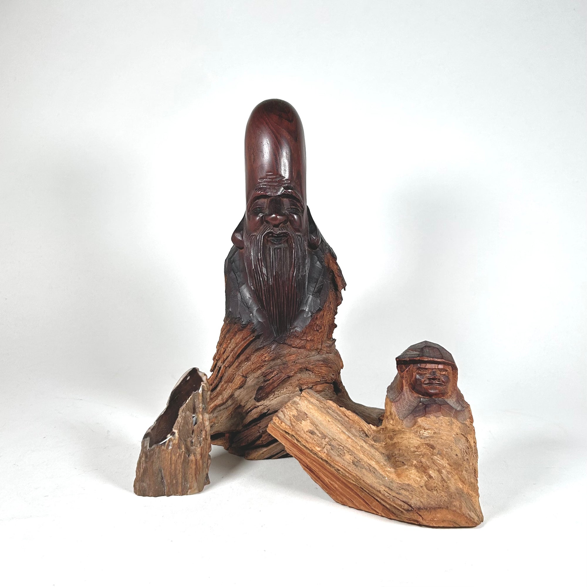 Vintage Carved Rootwood Asian Deity Shoulao and Petrified Wood