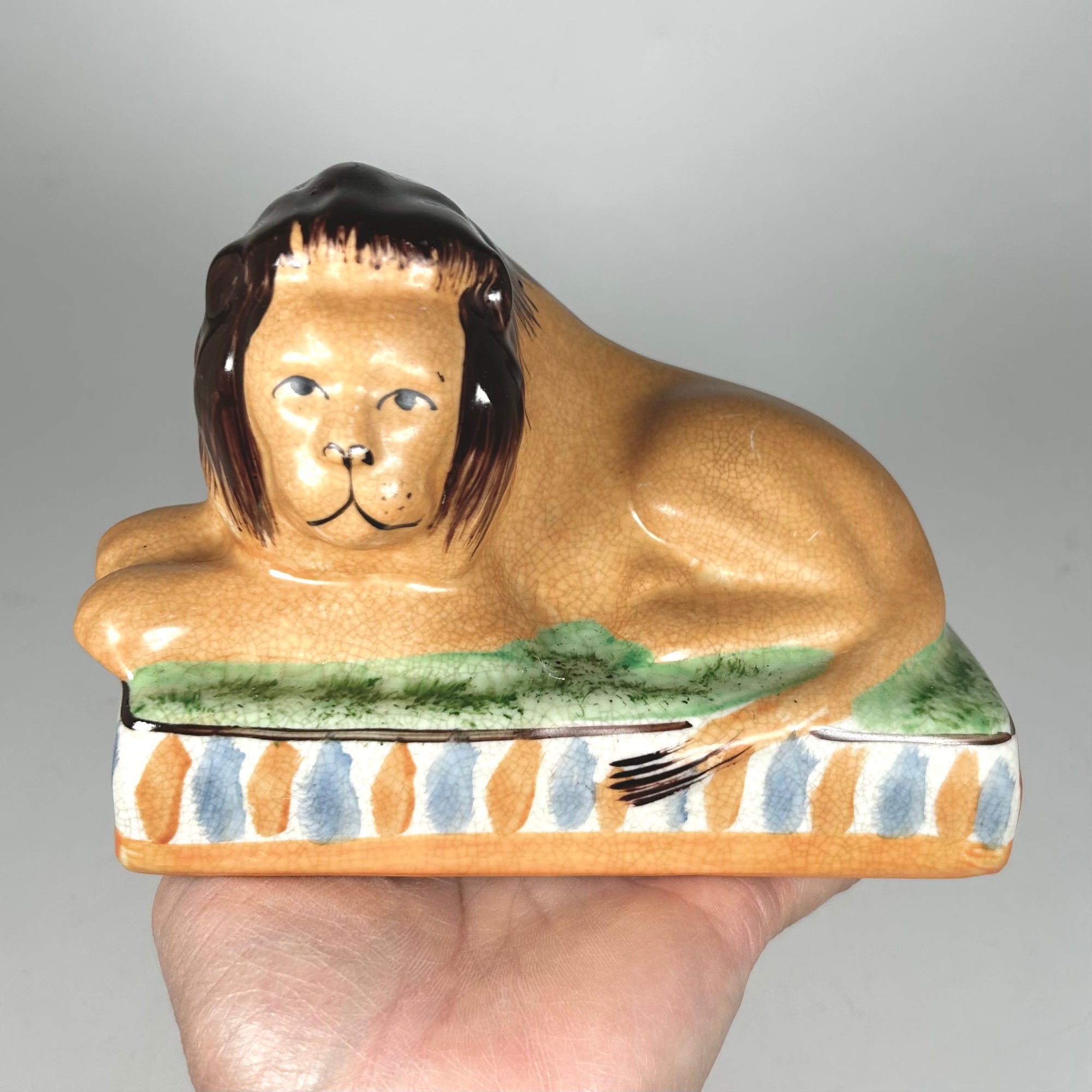 Staffordshire Lion on Cushion Hand-Painted English Pottery Figure