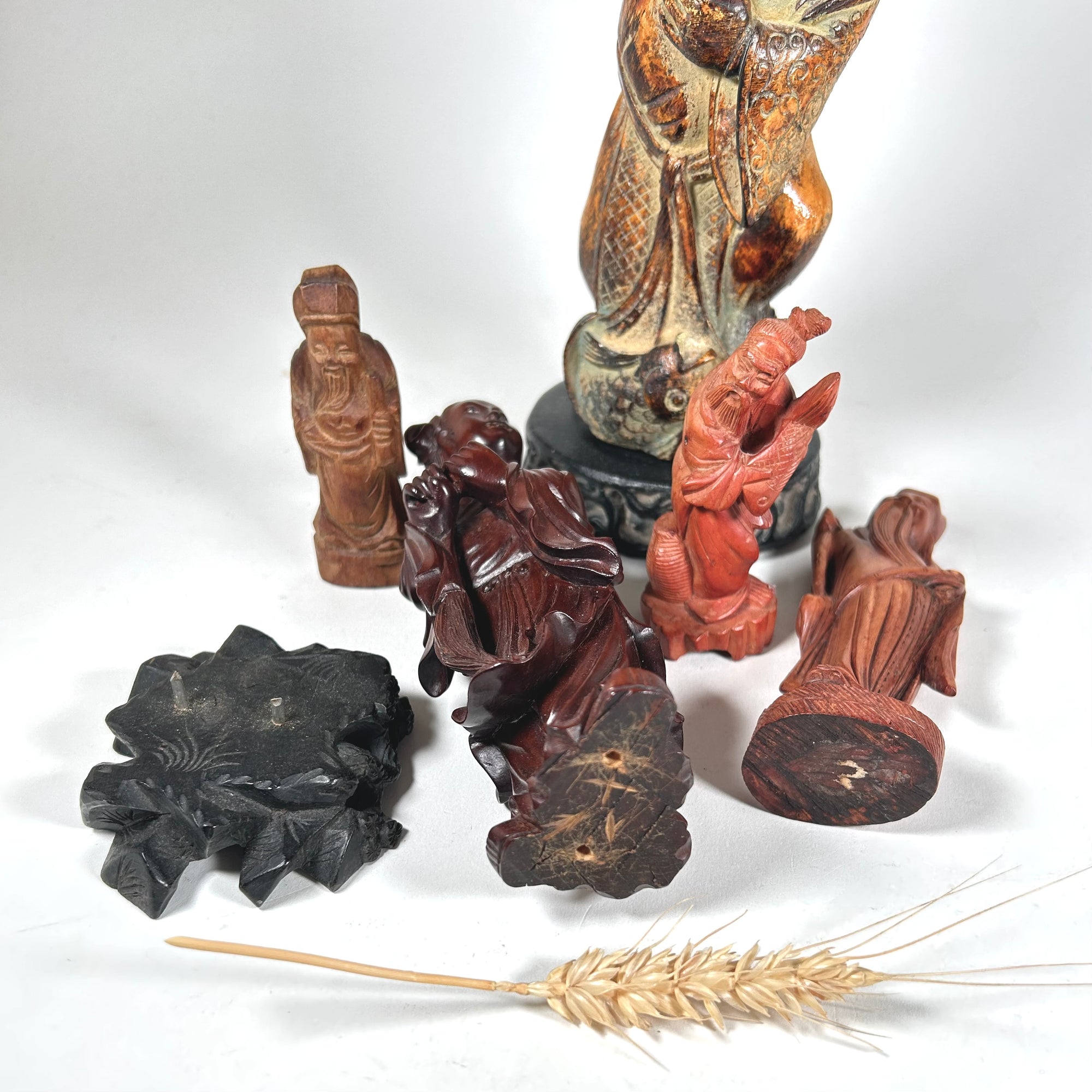 Chinese Deities in Carved Wood and Chalkware - Group of Five