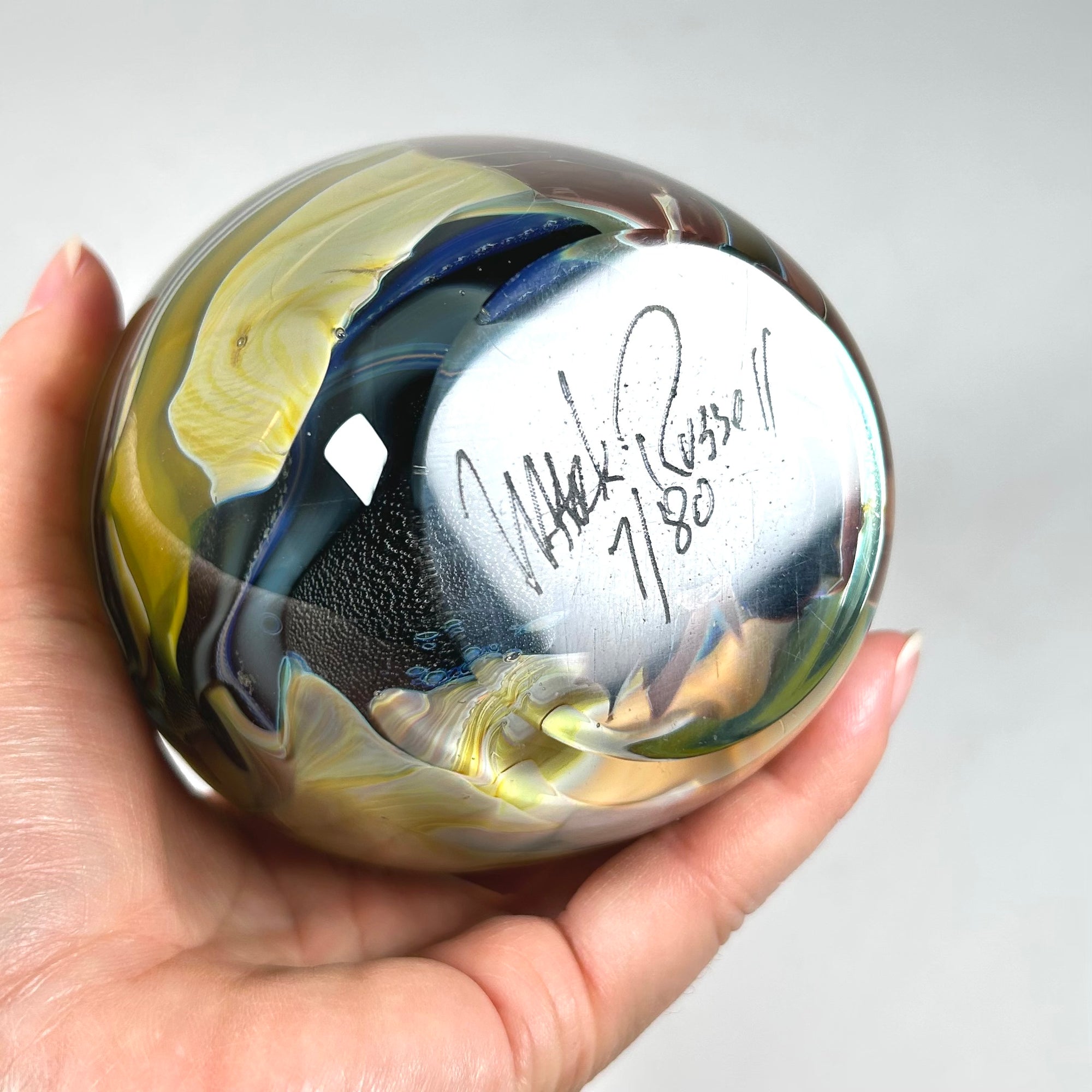Mark Russell Signed Art Glass Paperweight — Abstract Egg Form, Numbered 7/80
