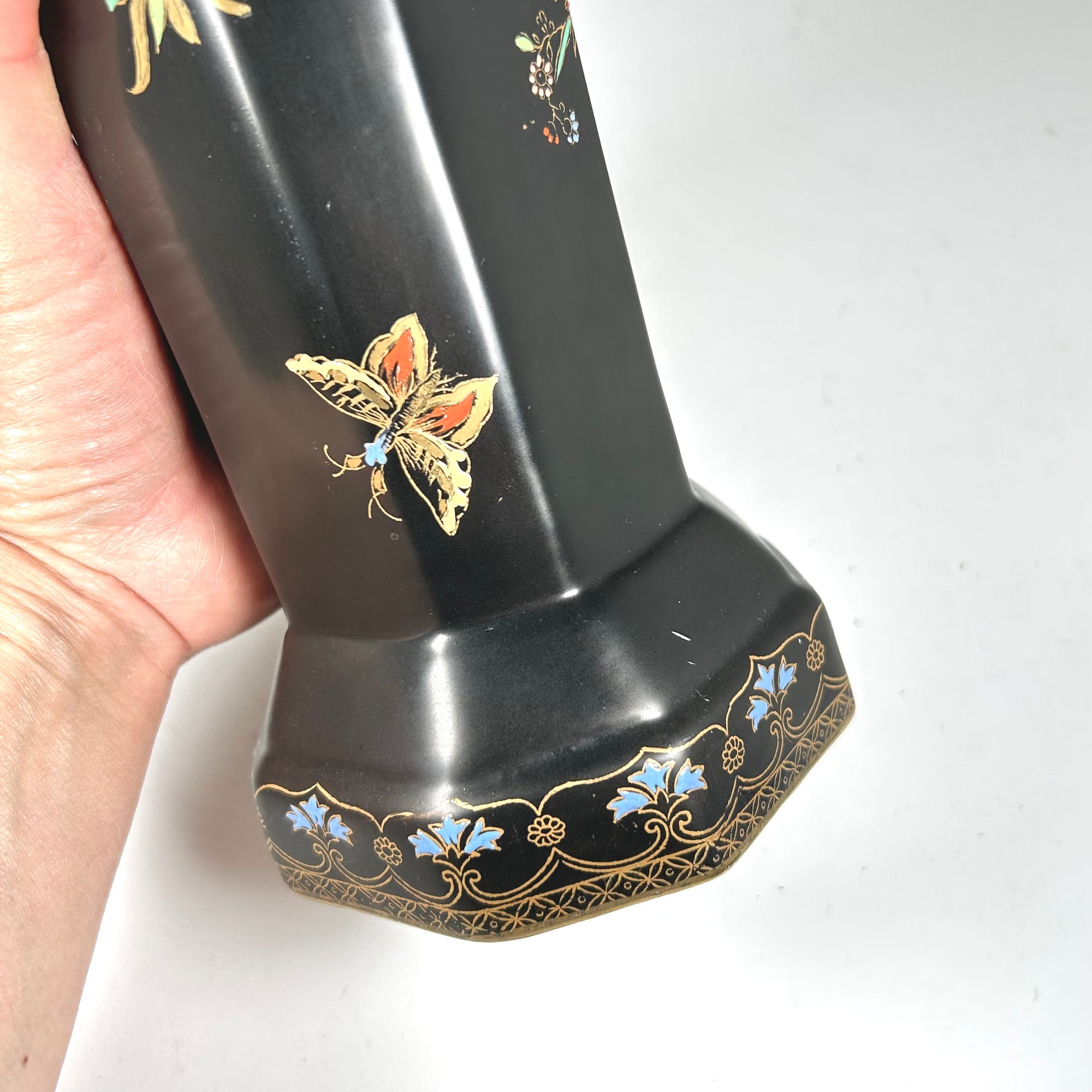 Art Deco Style Carlton Ware Black Octagonal Floral Vase with Butterflies
