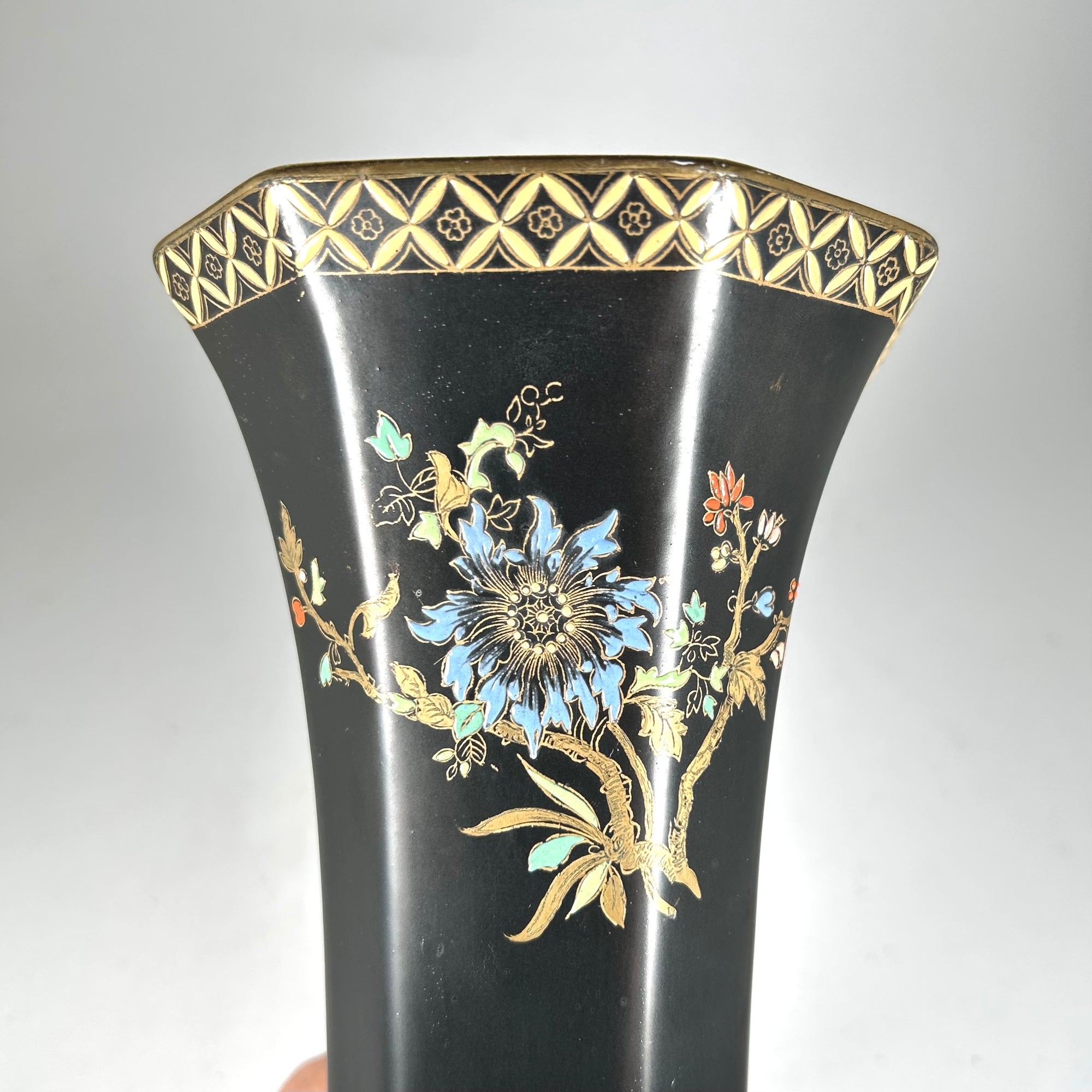 Art Deco Style Carlton Ware Black Octagonal Floral Vase with Butterflies