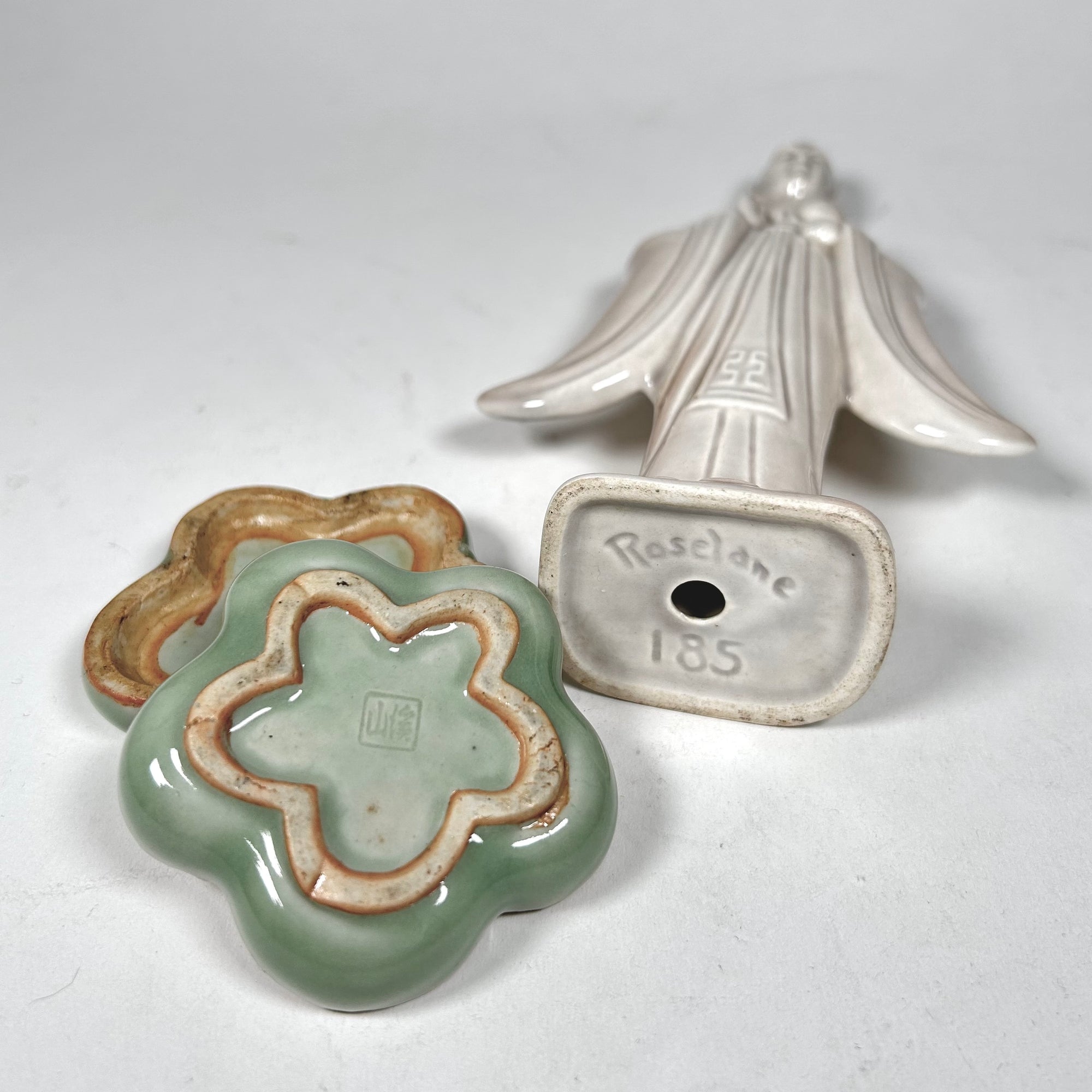 Mid-Century Roselane Guan Yin and Celadon Flower Trinket Box