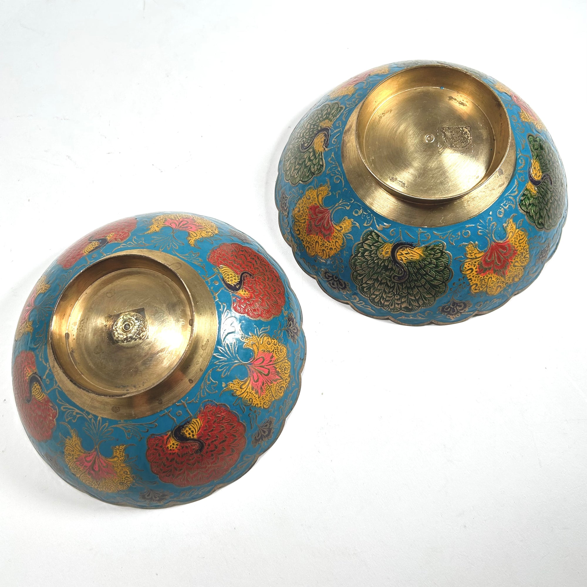 Peacock Decorated Brass Bowls with Ruffle Edges Set of 2