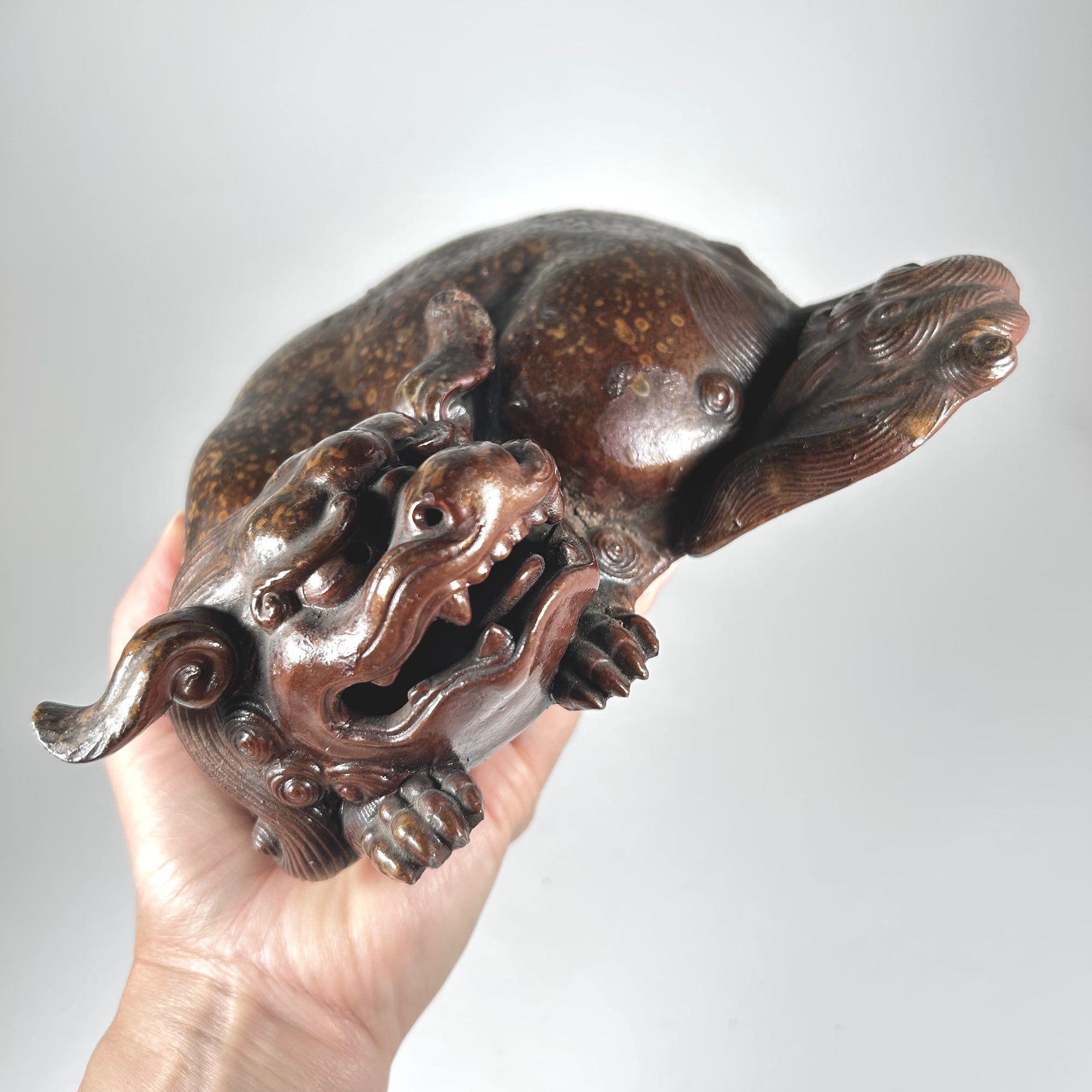 Ceramic Asian Foo Dog Figure in Brown Speckled Glaze