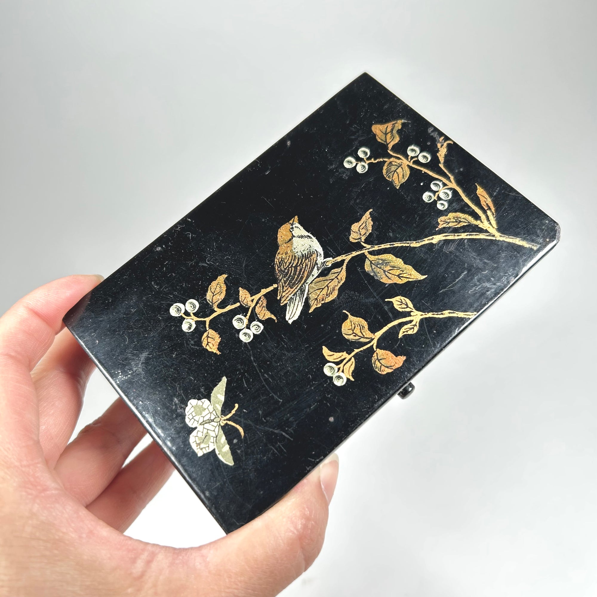 Vintage French Chinoiserie Papier Mache Box - Black with Birds