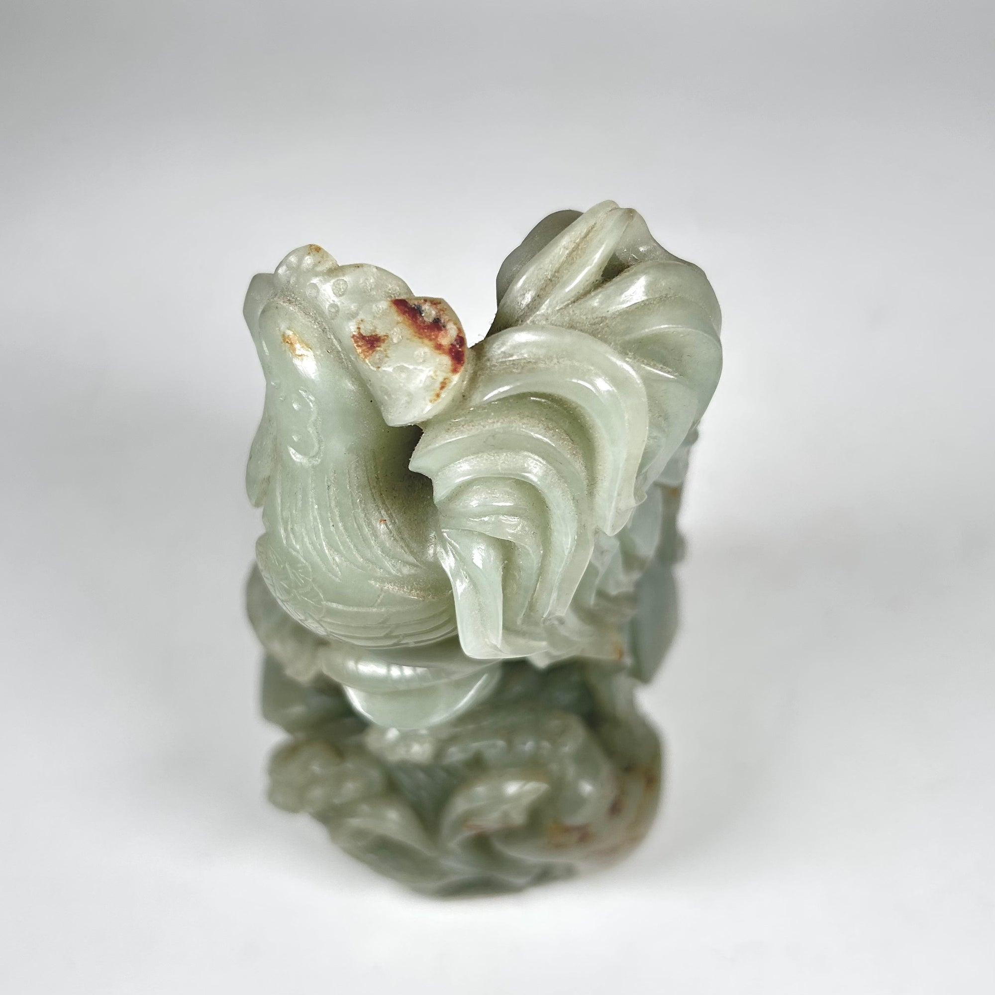 Carved Asian Rooster Pair Figure in Celadon Green