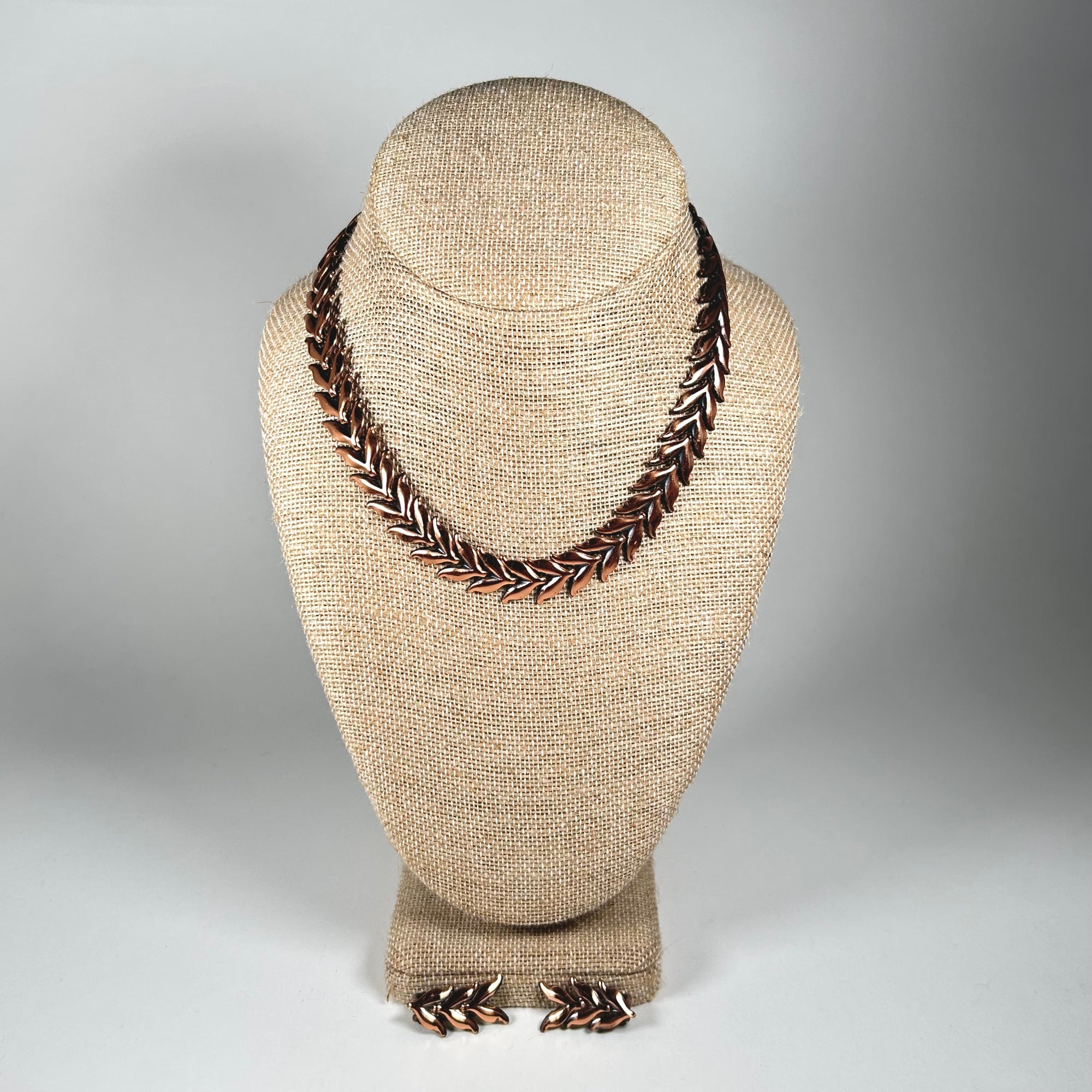 Copper Chevron Laurel Leaf Choker Necklace and Clip-On Earring Set