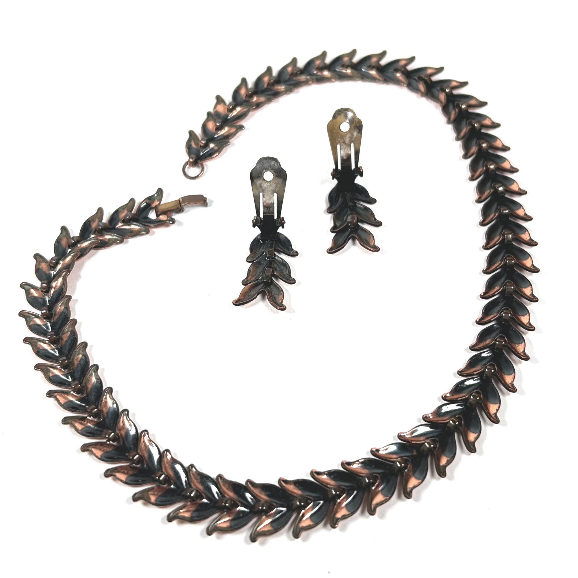 Copper Chevron Laurel Leaf Choker Necklace and Clip-On Earring Set