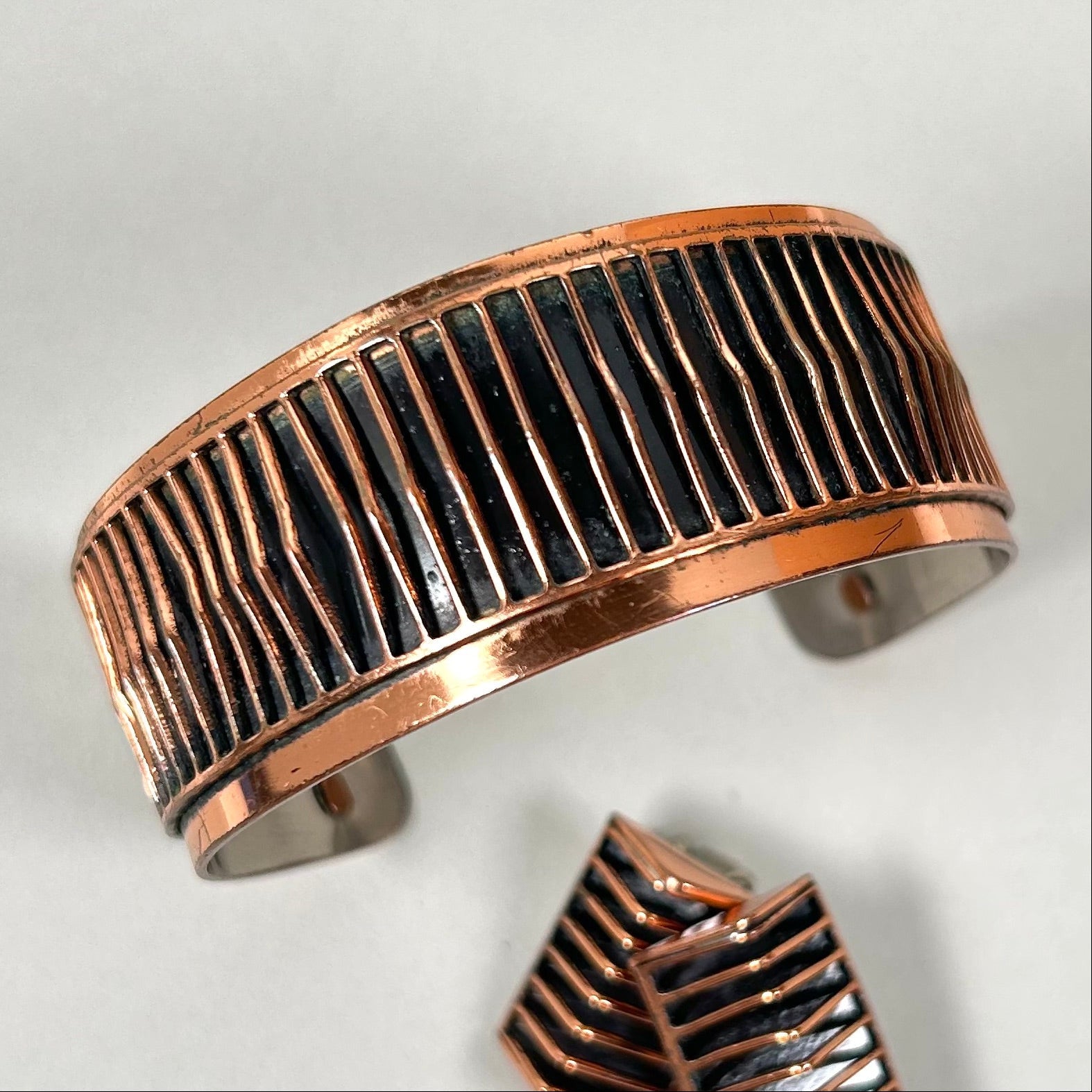 Renoir Copper Cuff Bracelet and Clip-On Earrings - Modernist Grill