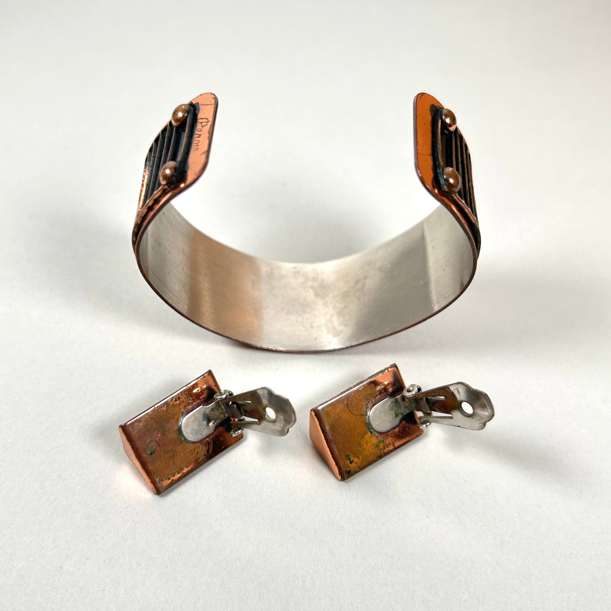 Renoir Copper Cuff Bracelet and Clip-On Earrings - Modernist Grill