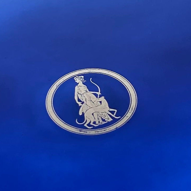 Blue tray with silver handles and a logo on a white background