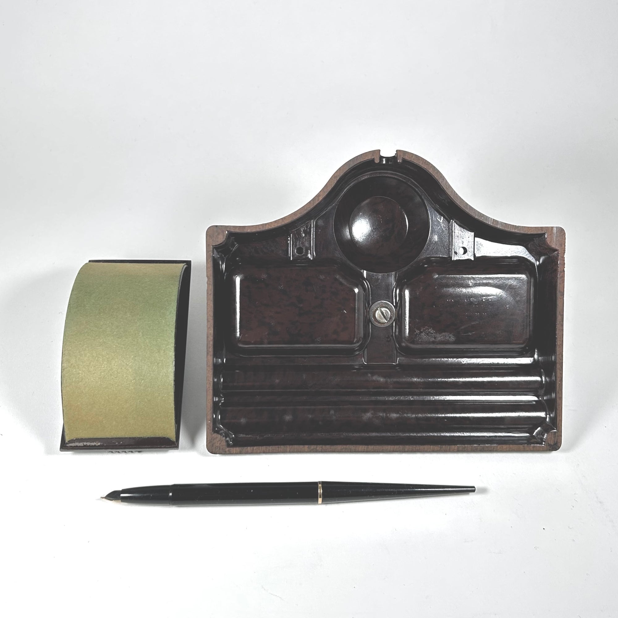1930s Bakelite Desk Set — Pen Rest and Rocker Blotter, Brown Swirl Pattern