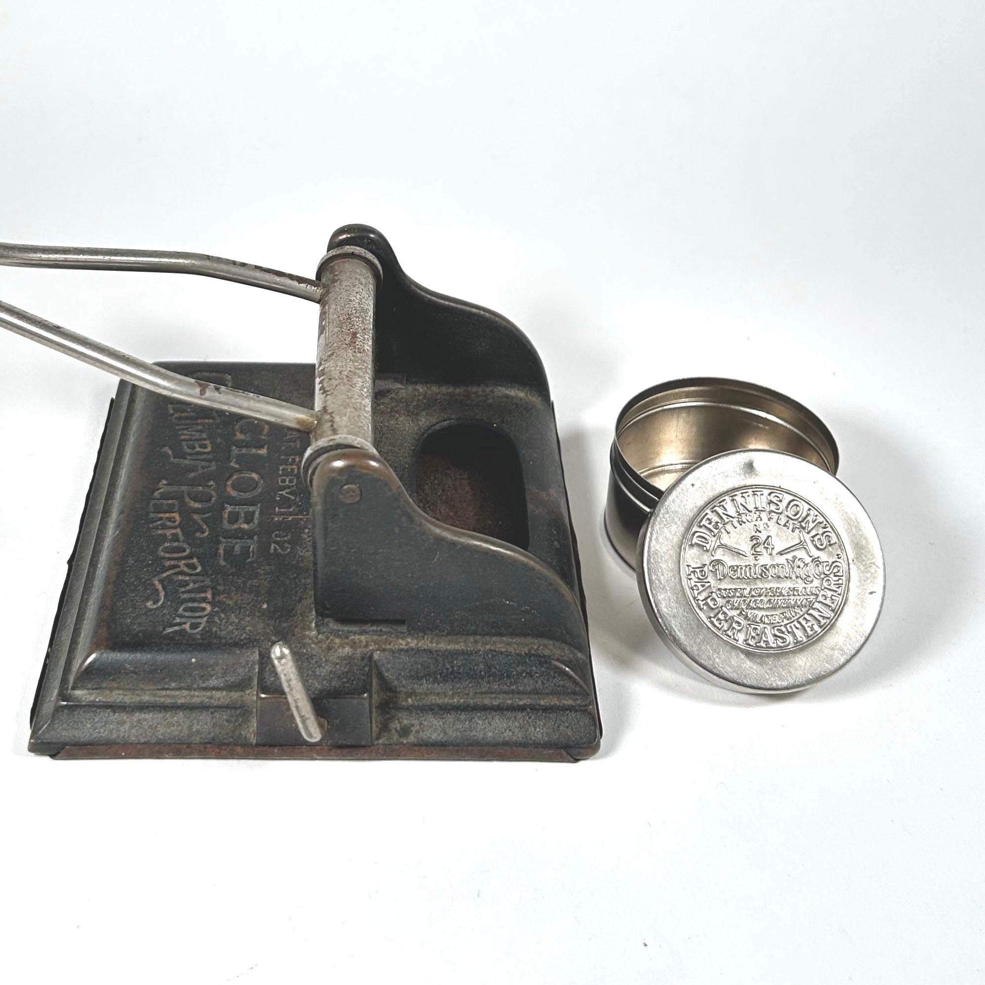 Antique Globe Columbia Perforator Hole Punch &amp; Dennison's Fastener Tin