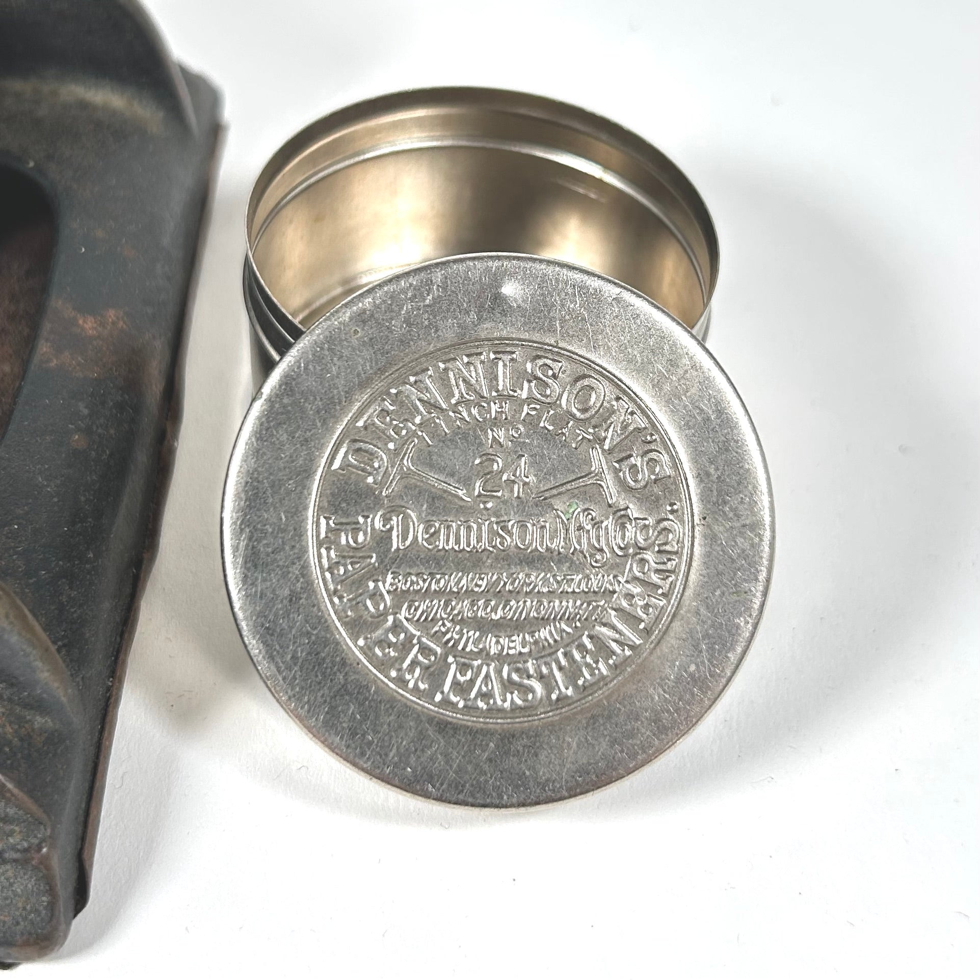 Antique Globe Columbia Perforator Hole Punch &amp; Dennison's Fastener Tin