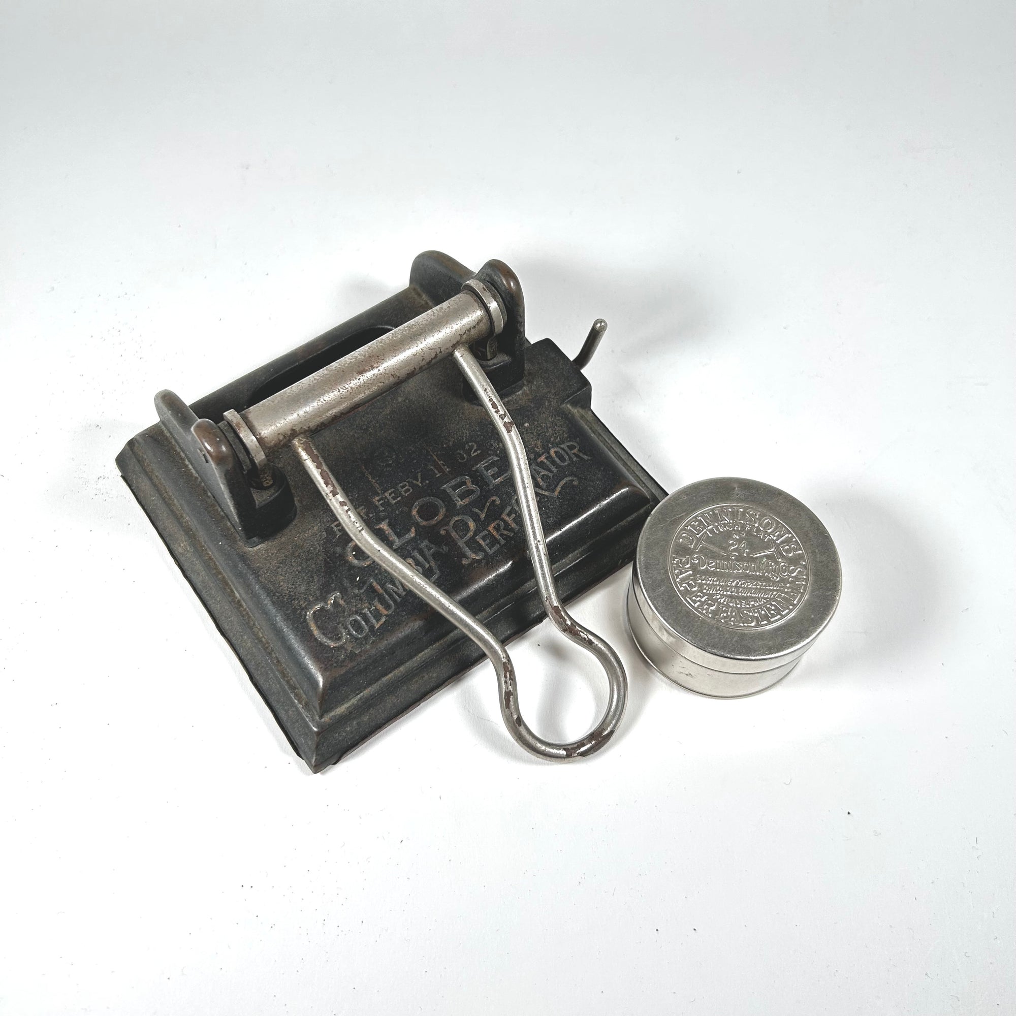 Antique Globe Columbia Perforator Hole Punch &amp; Dennison's Fastener Tin