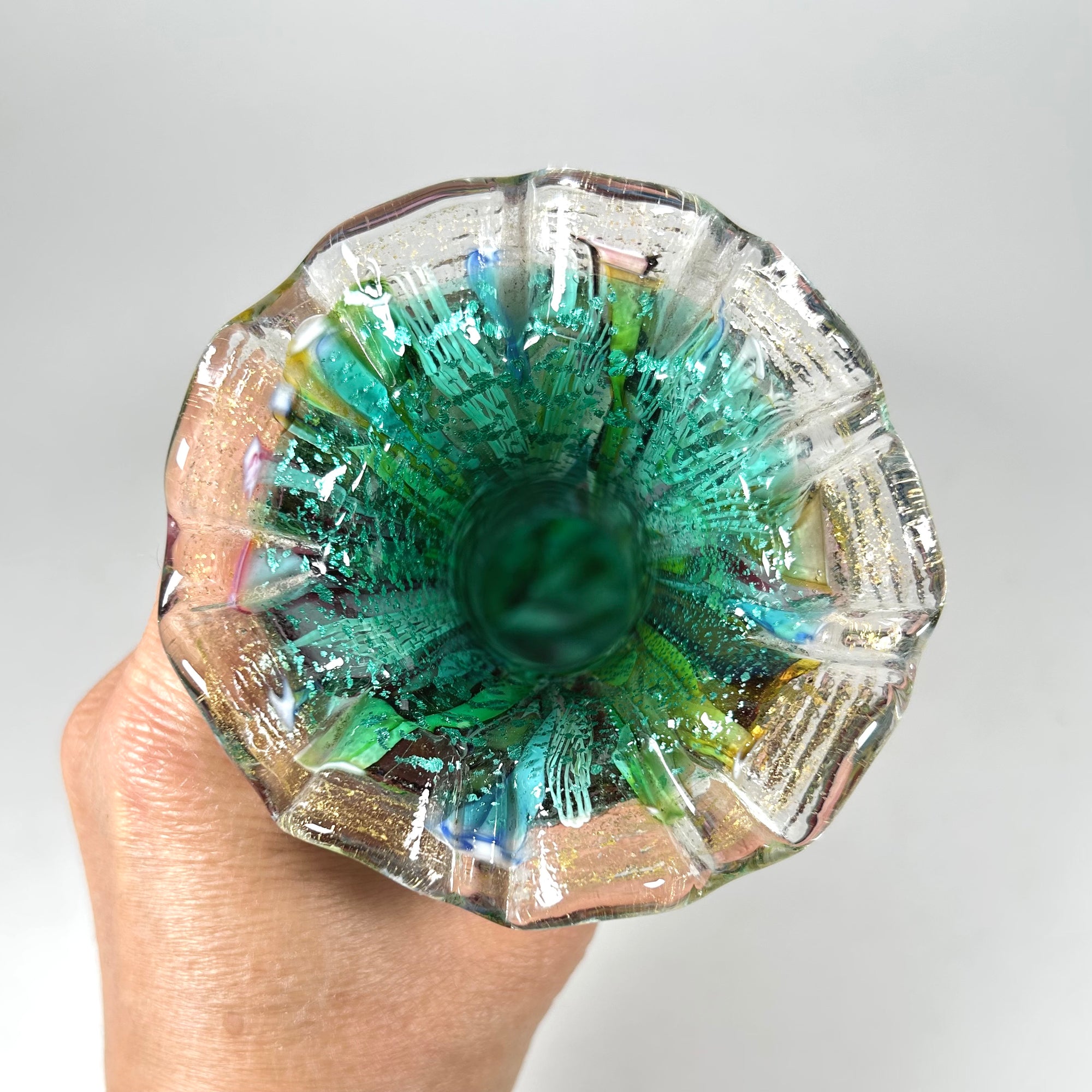 Italian Murano Tutti Frutti Blown Glass Vase in Multi Colors and Ruffle Top