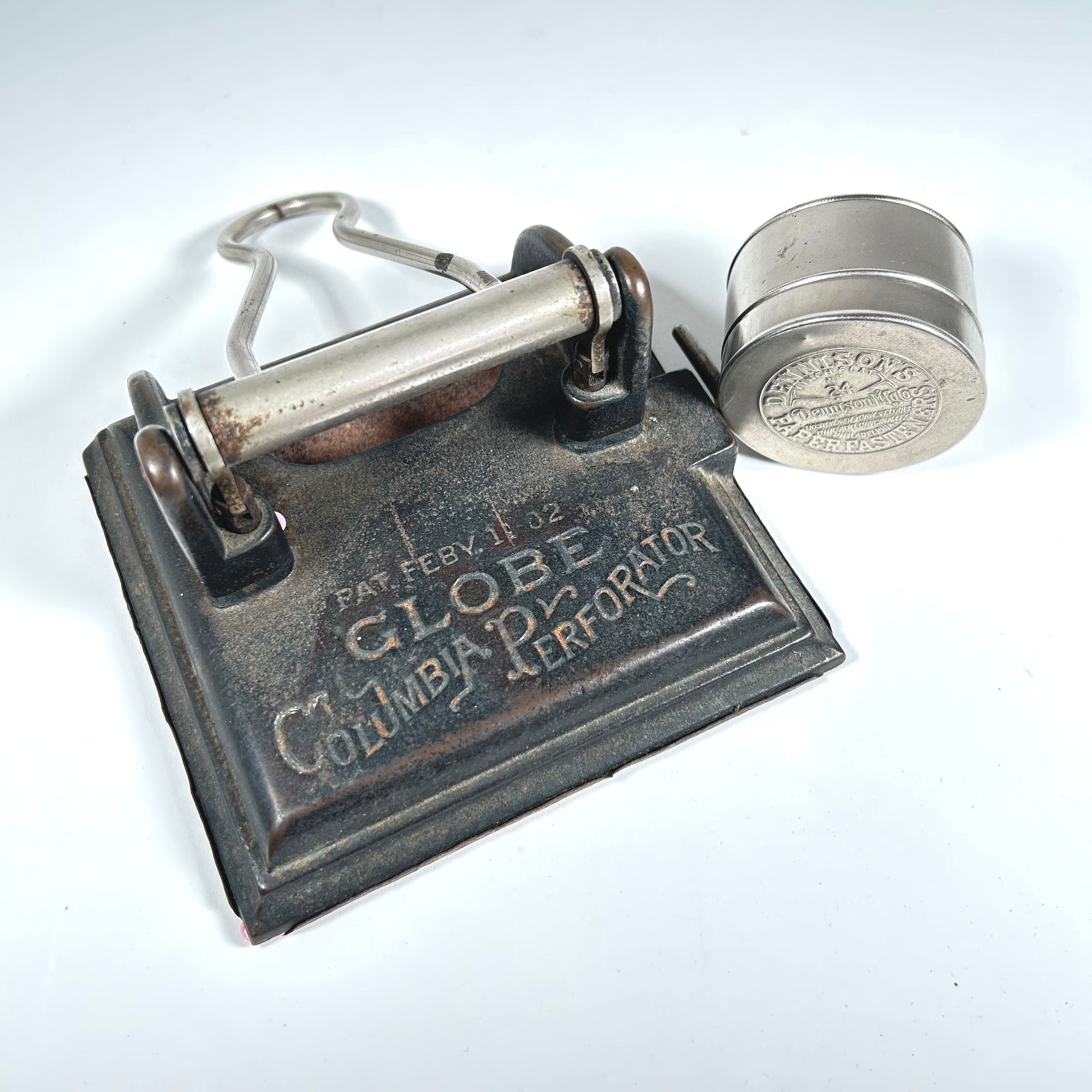 Antique Globe Columbia Perforator Hole Punch &amp; Dennison's Fastener Tin