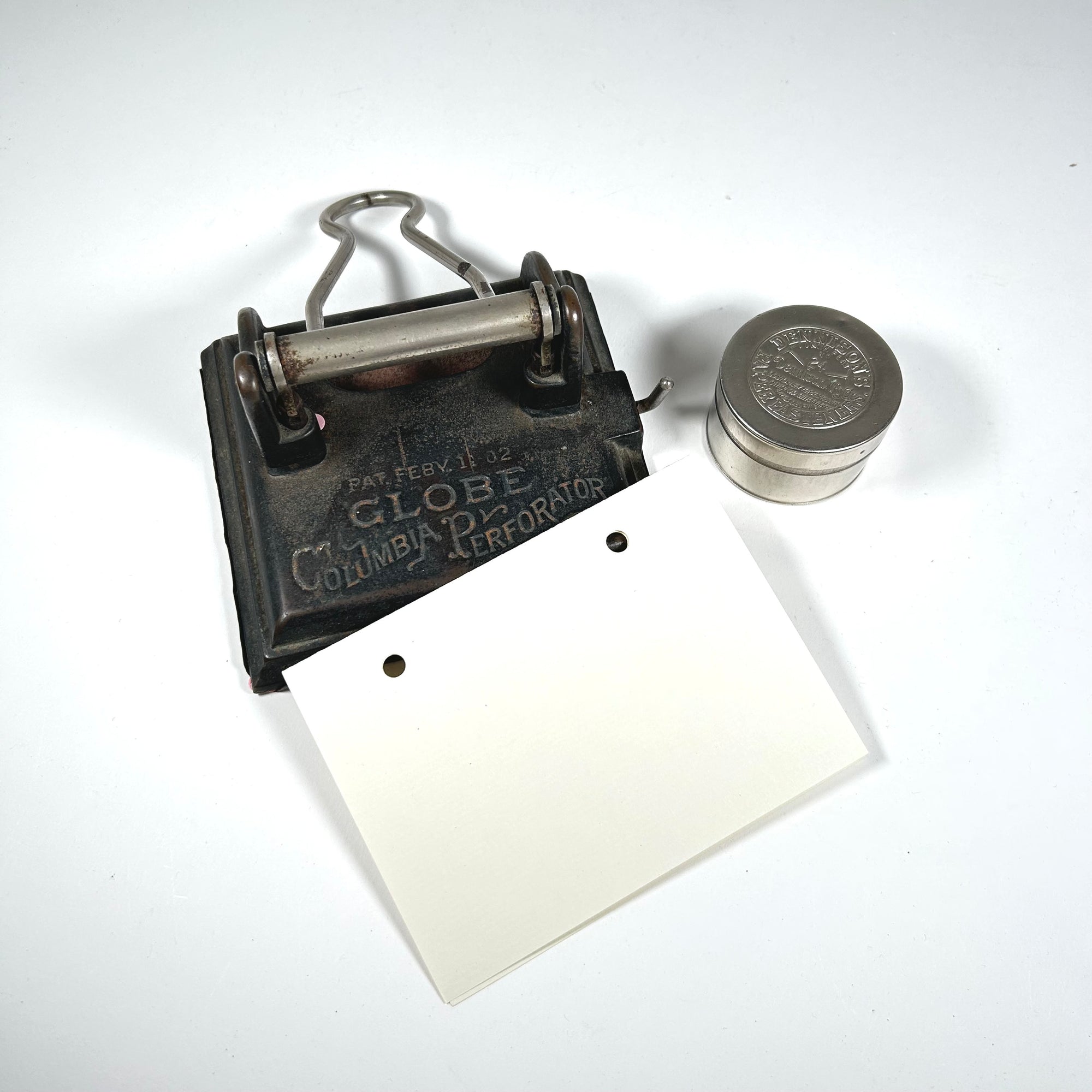Antique Globe Columbia Perforator Hole Punch &amp; Dennison's Fastener Tin