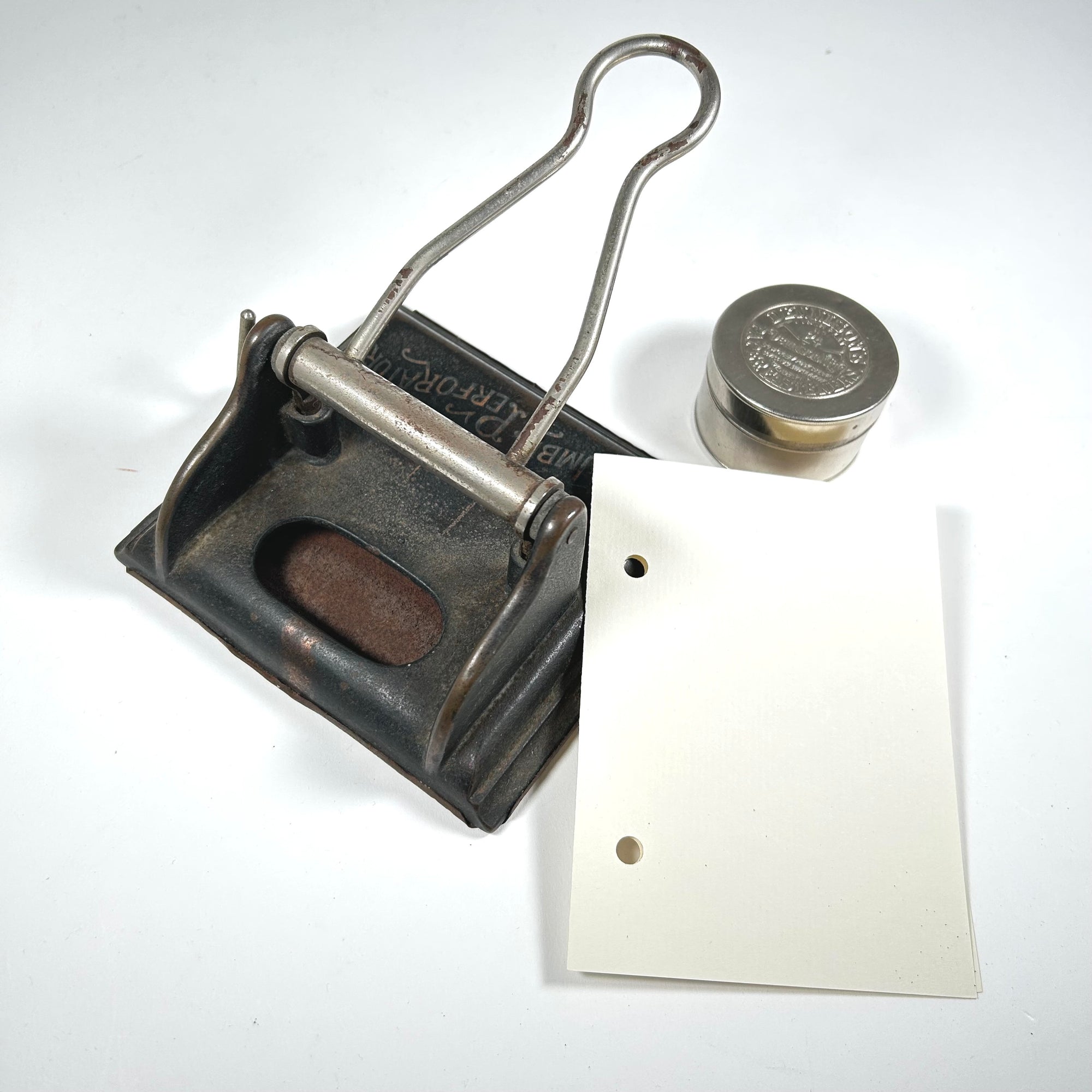 Antique Globe Columbia Perforator Hole Punch &amp; Dennison's Fastener Tin