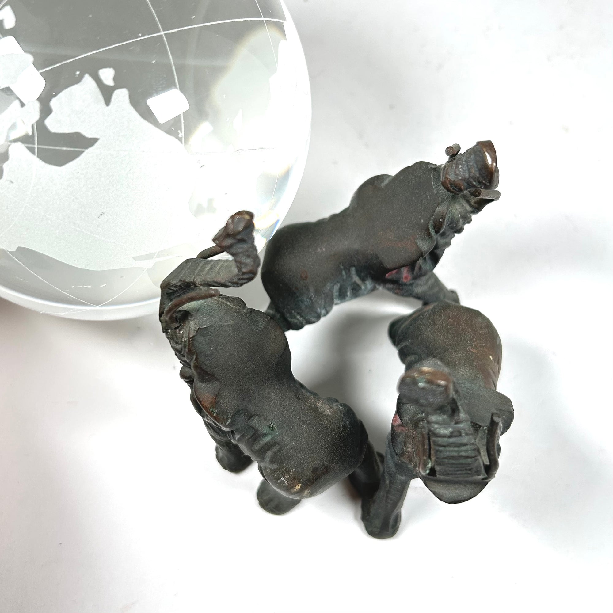 Etched Glass Earth Globe Held Up by Three Elephants