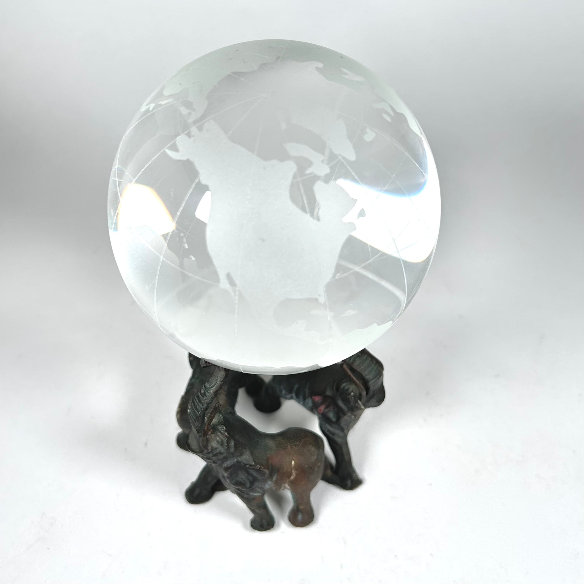 Etched Glass Earth Globe Held Up by Three Elephants
