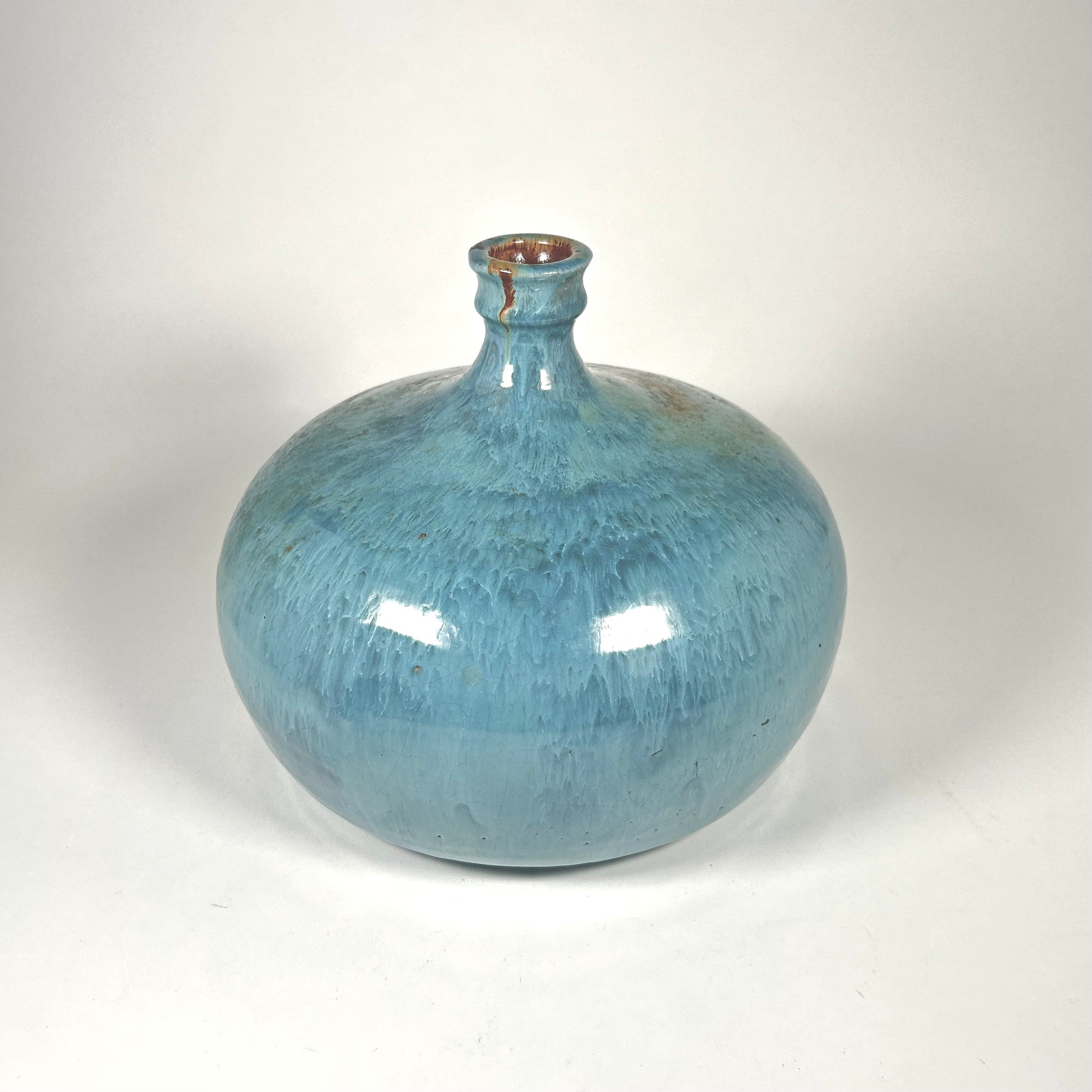 Aqua Blue and Copper Round Squat Studio Pottery Vase with Drip Glaze