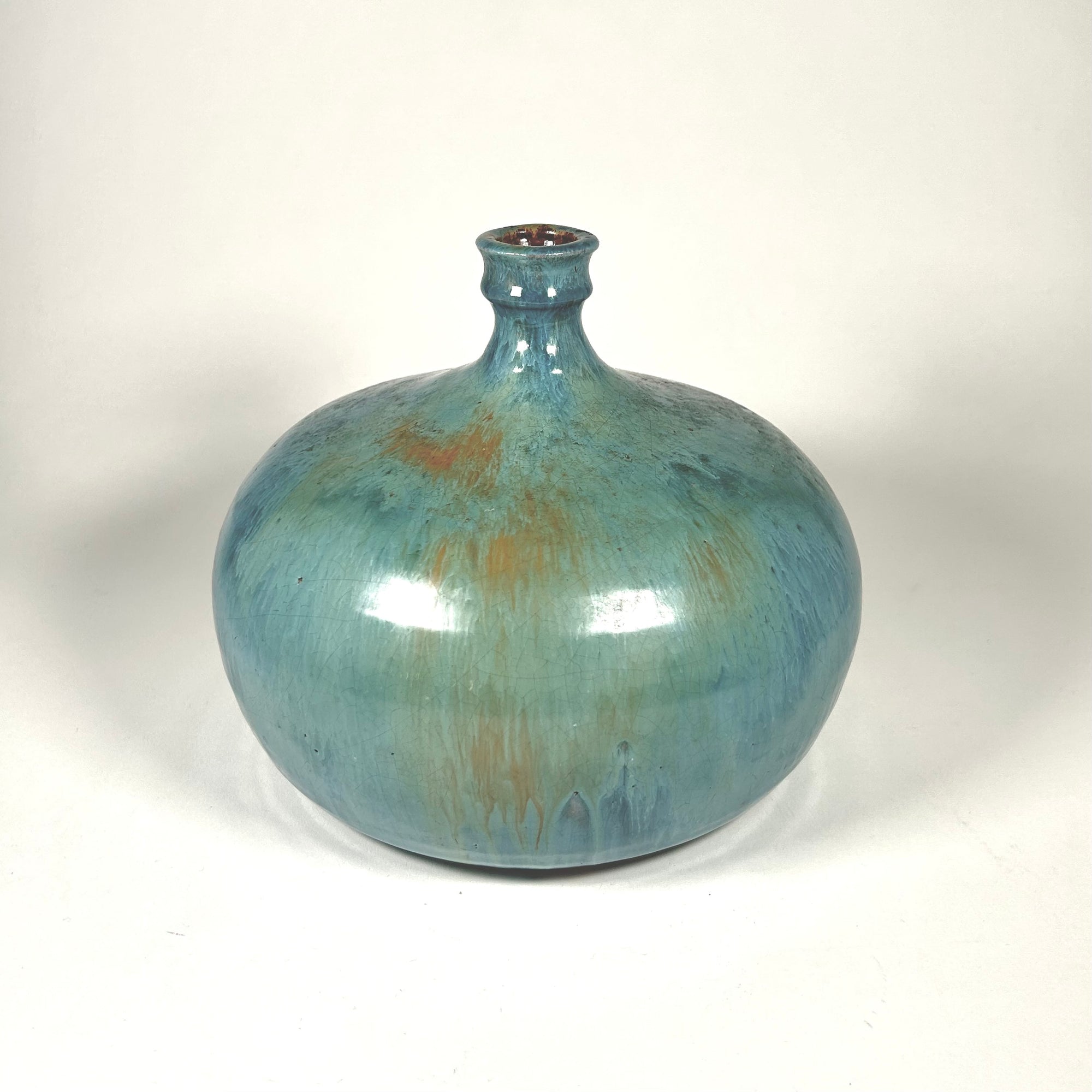 Aqua Blue and Copper Round Squat Studio Pottery Vase with Drip Glaze