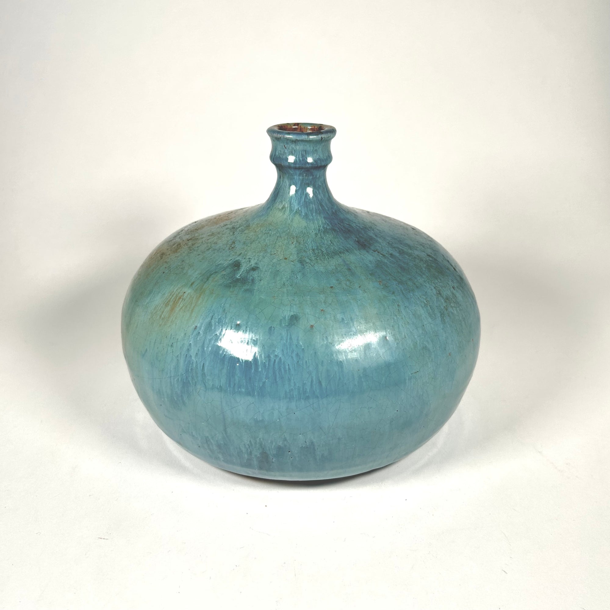 Aqua Blue and Copper Round Squat Studio Pottery Vase with Drip Glaze