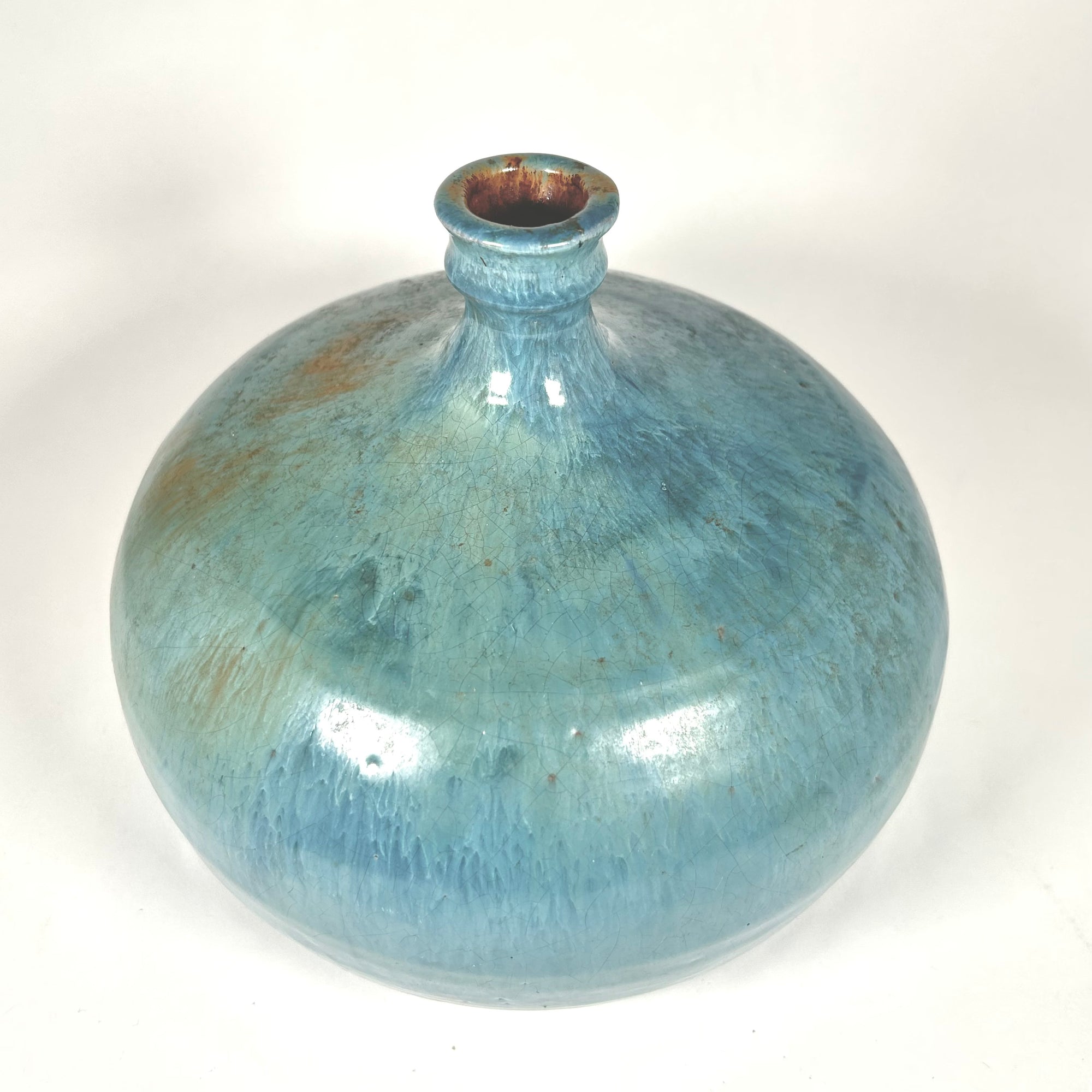 Aqua Blue and Copper Round Squat Studio Pottery Vase with Drip Glaze