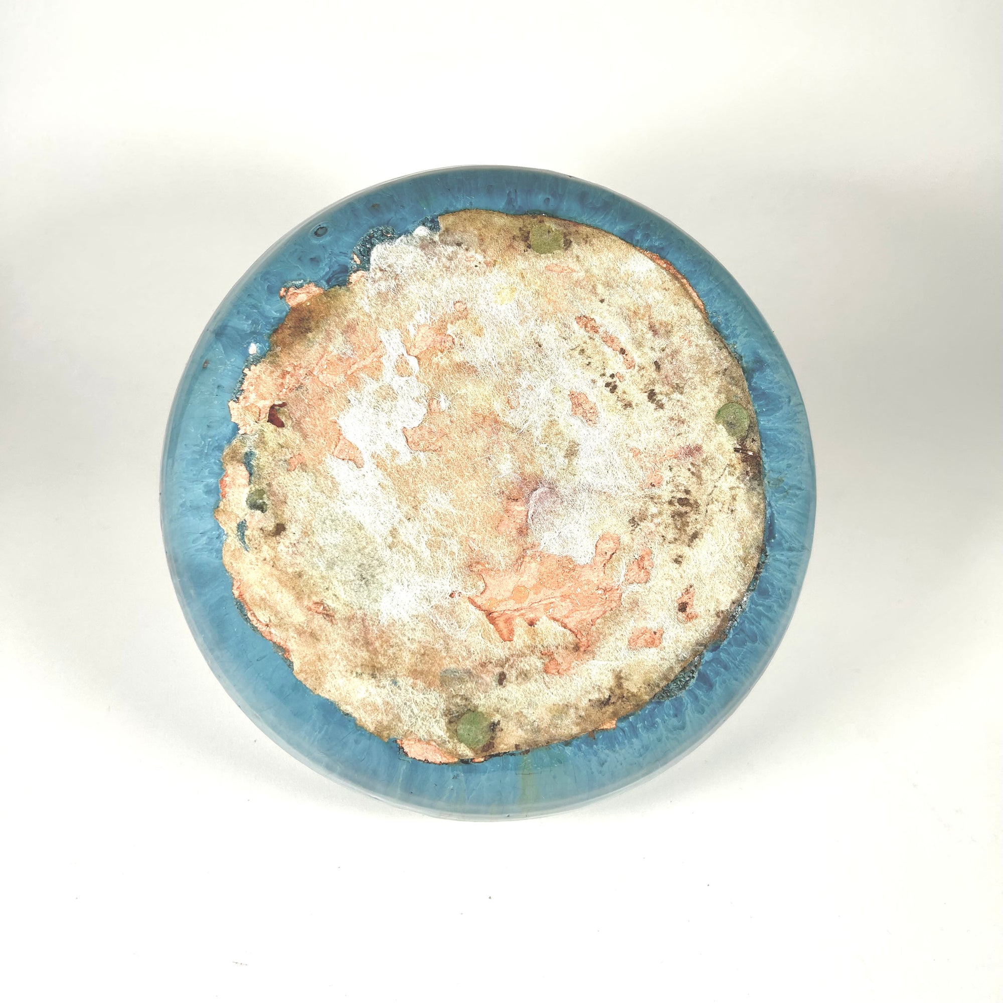 Aqua Blue and Copper Round Squat Studio Pottery Vase with Drip Glaze