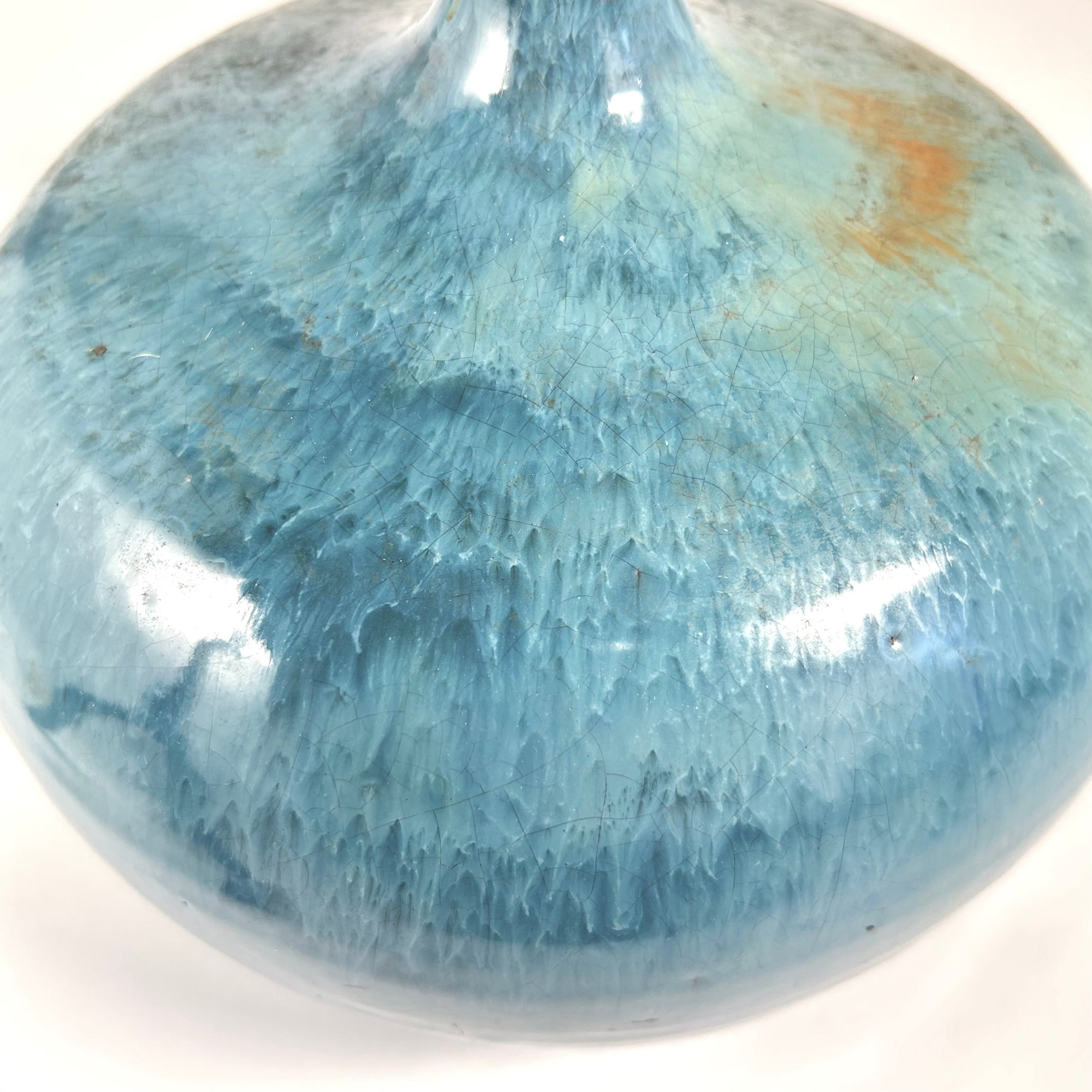 Aqua Blue and Copper Round Squat Studio Pottery Vase with Drip Glaze