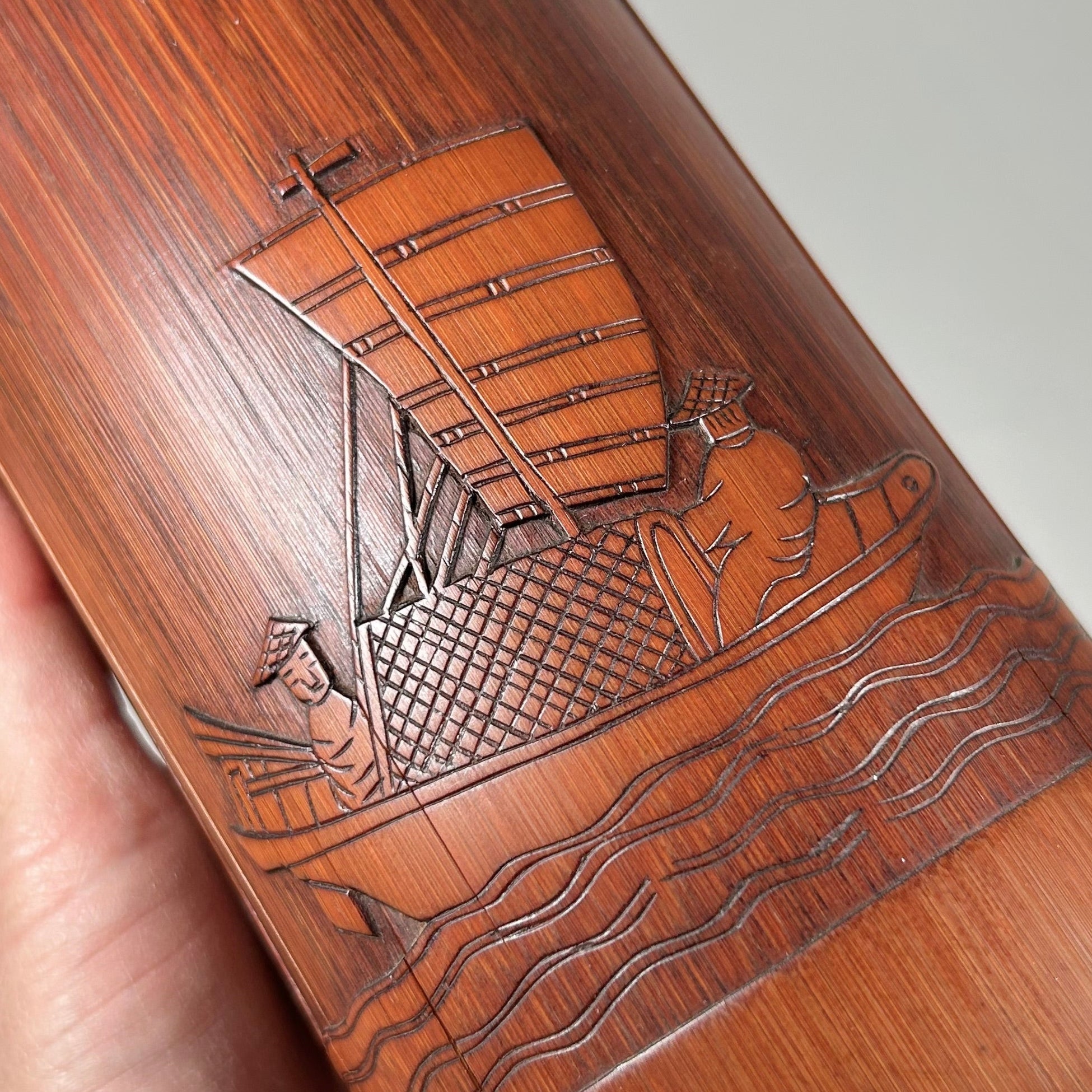 Vintage Asian Bamboo Brush Pot with Asian Characters and Figure