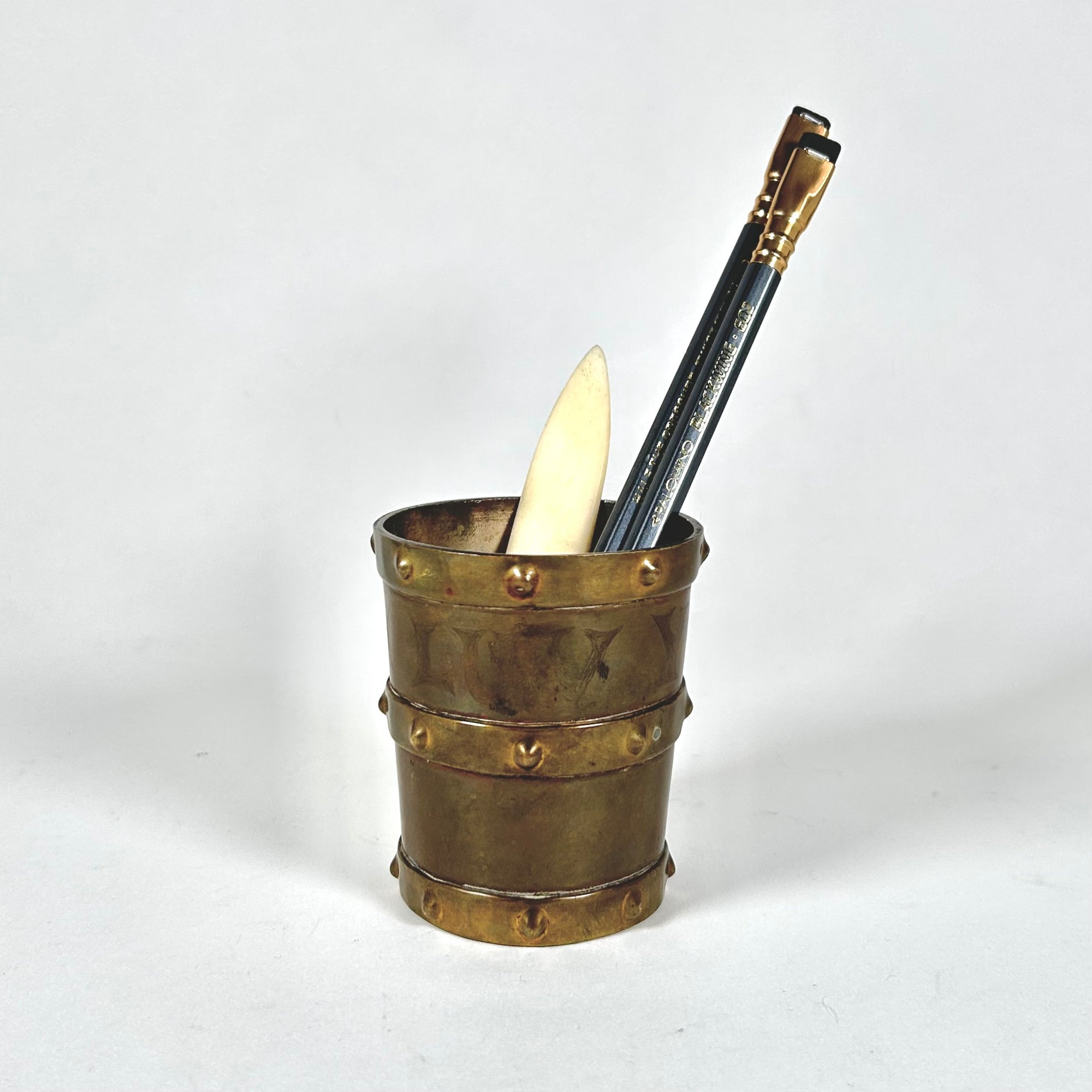 Vintage Brass Barrel Pencil Cup — Rivet &amp; Strap Design, Made in Mexico