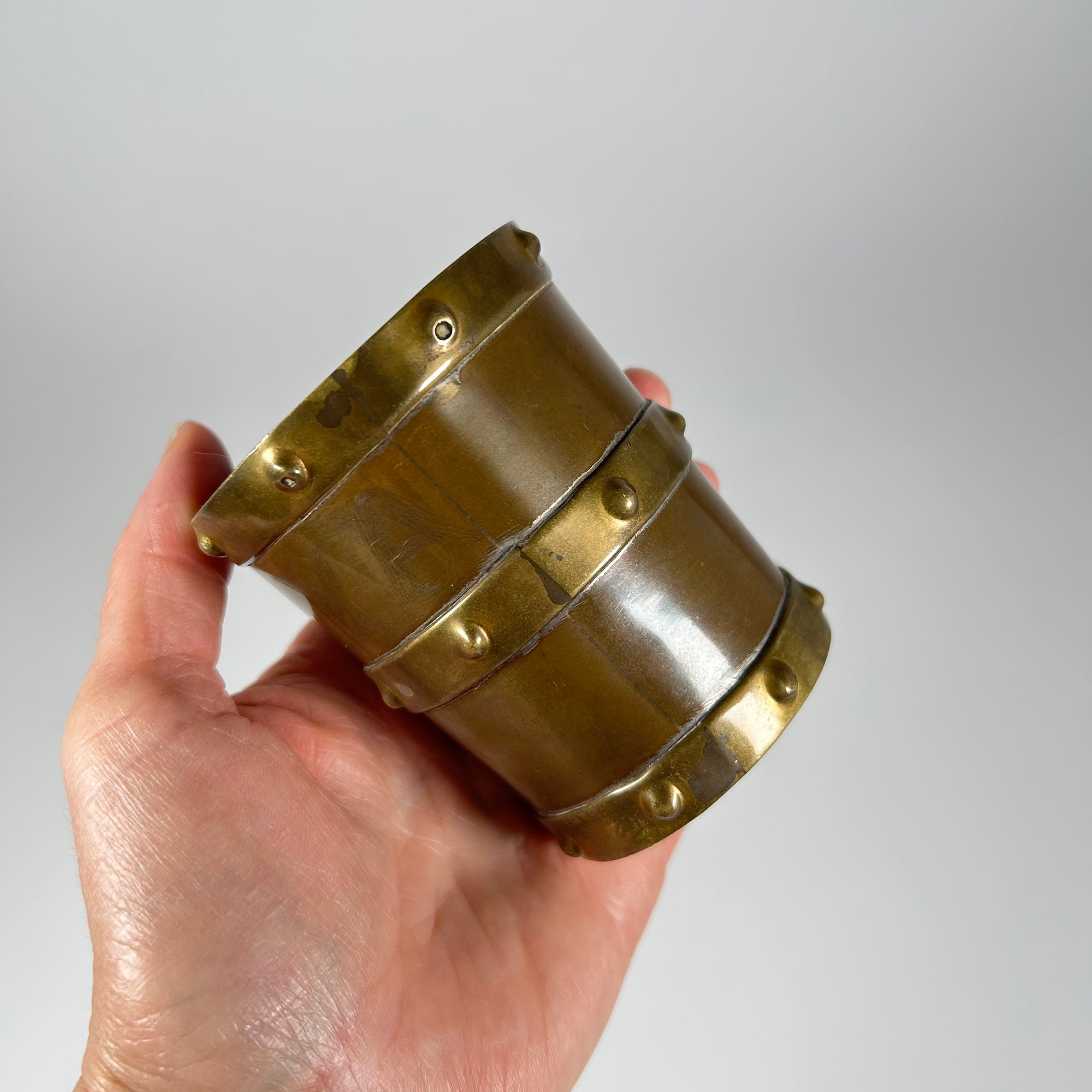 Vintage Brass Barrel Pencil Cup — Rivet &amp; Strap Design, Made in Mexico