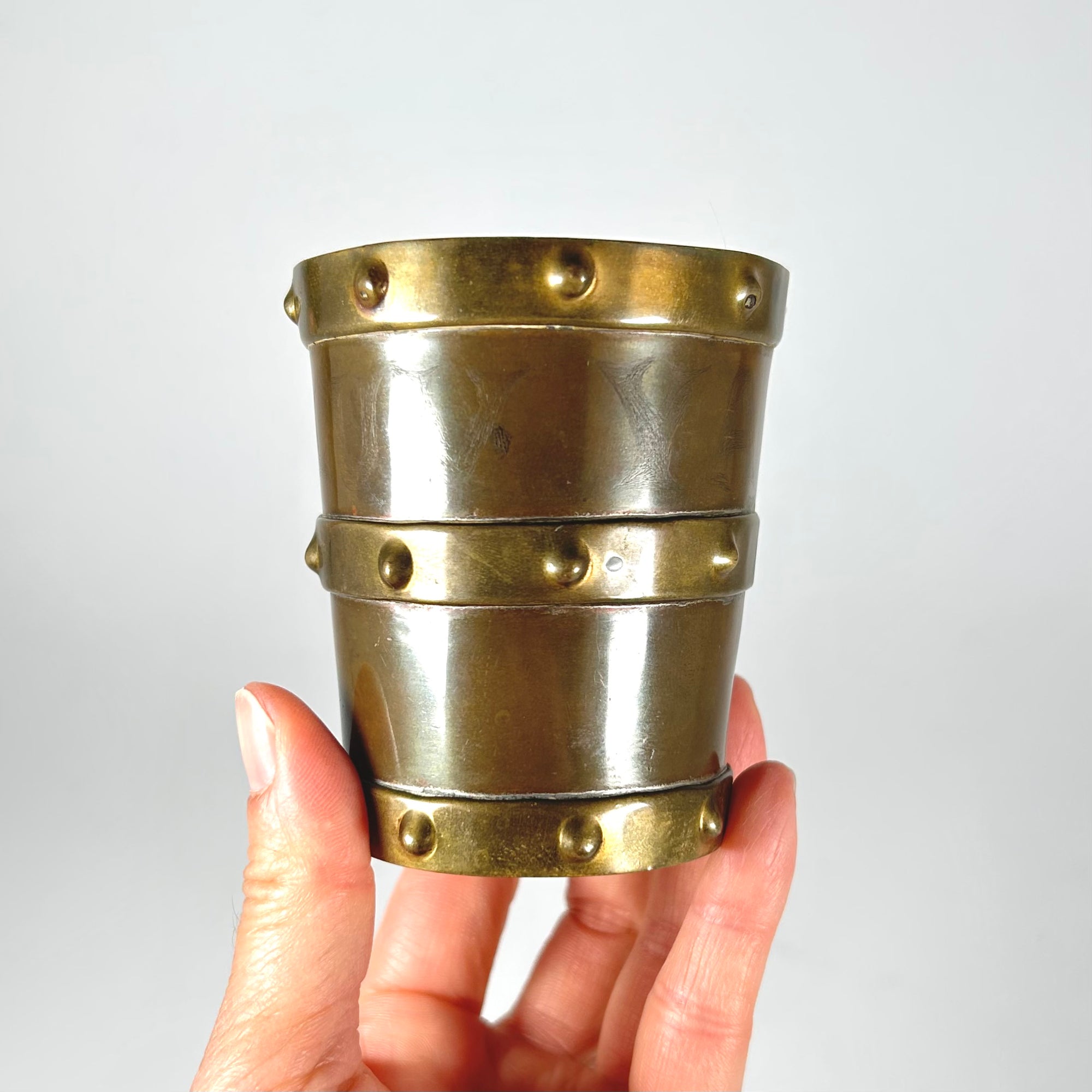 Vintage Brass Barrel Pencil Cup — Rivet &amp; Strap Design, Made in Mexico