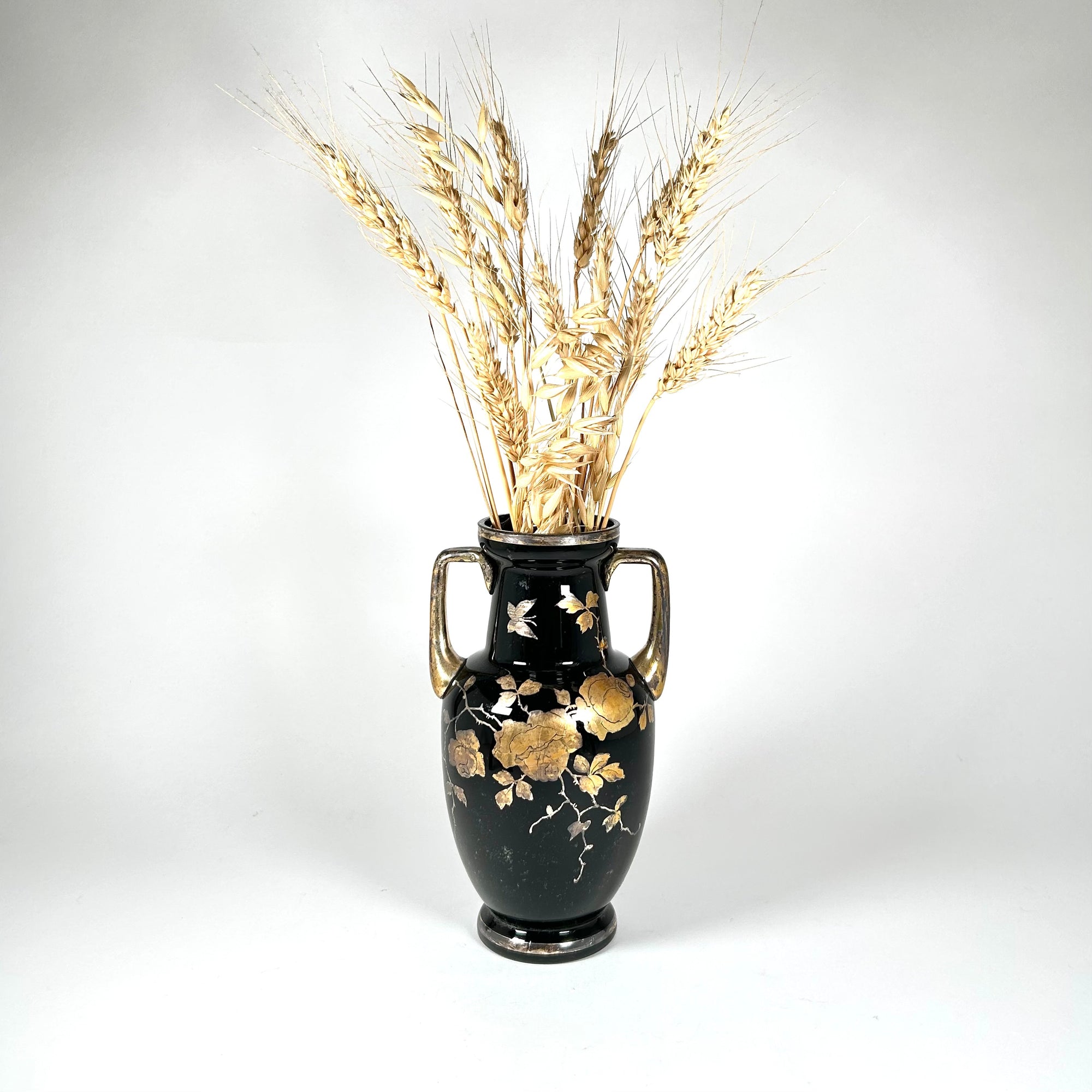 Bohemian Black Hyalith Glass Vase with Gold Roses and Butterflies