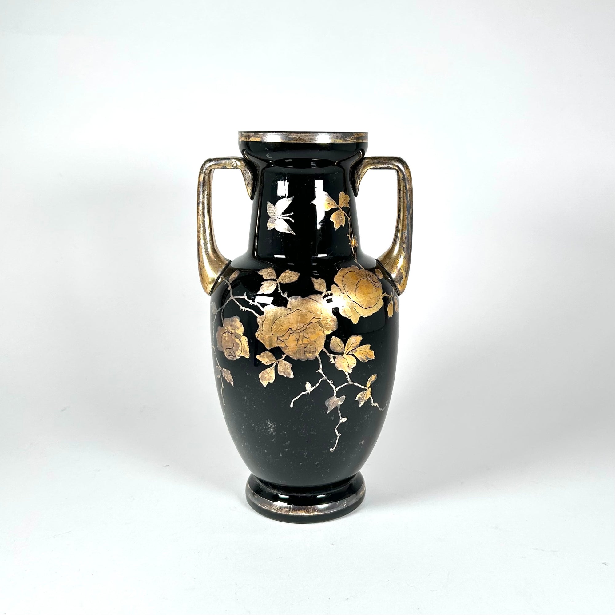 Bohemian Black Hyalith Glass Vase with Gold Roses and Butterflies