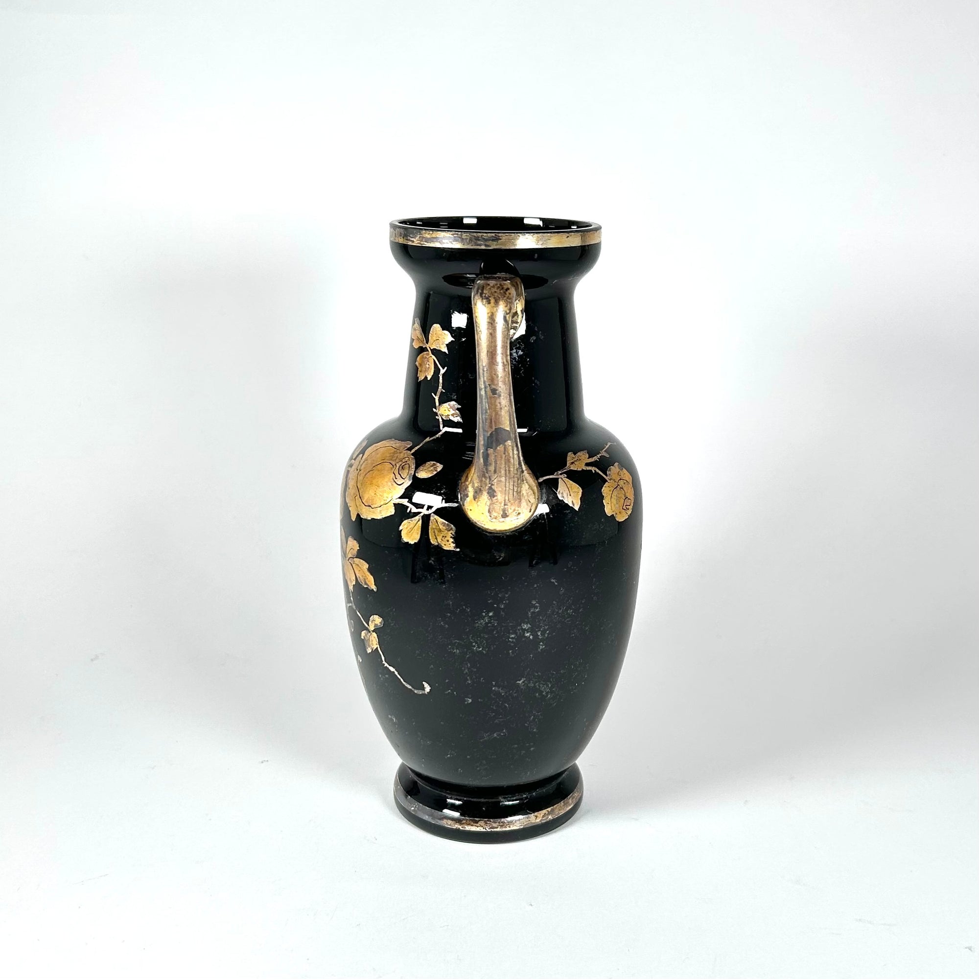 Bohemian Black Hyalith Glass Vase with Gold Roses and Butterflies