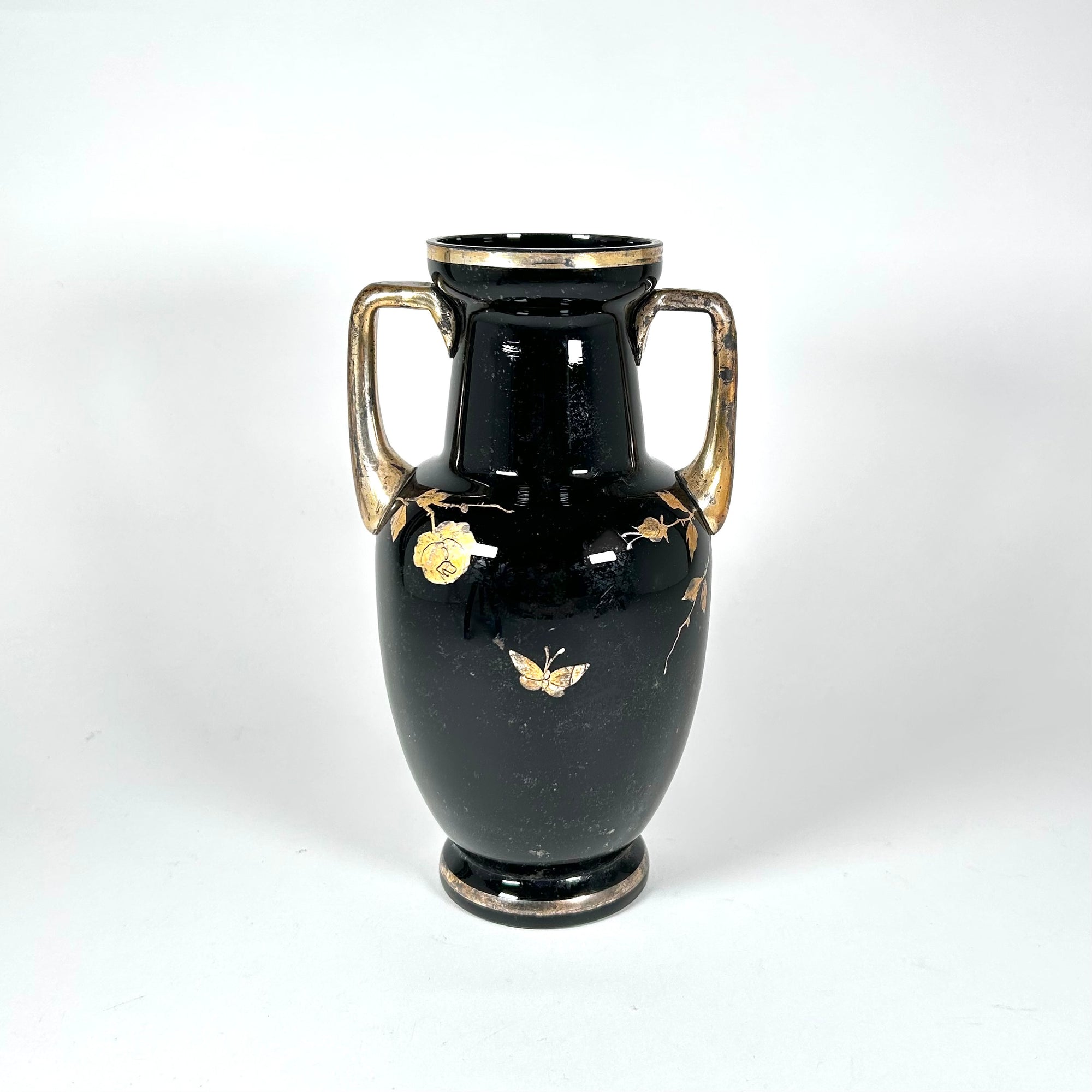 Bohemian Black Hyalith Glass Vase with Gold Roses and Butterflies